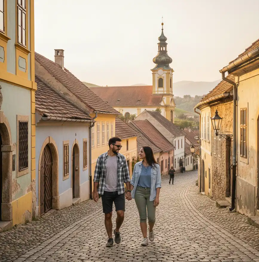 Pár sétál Tokaj történelmi belvárosának macskaköves utcáján