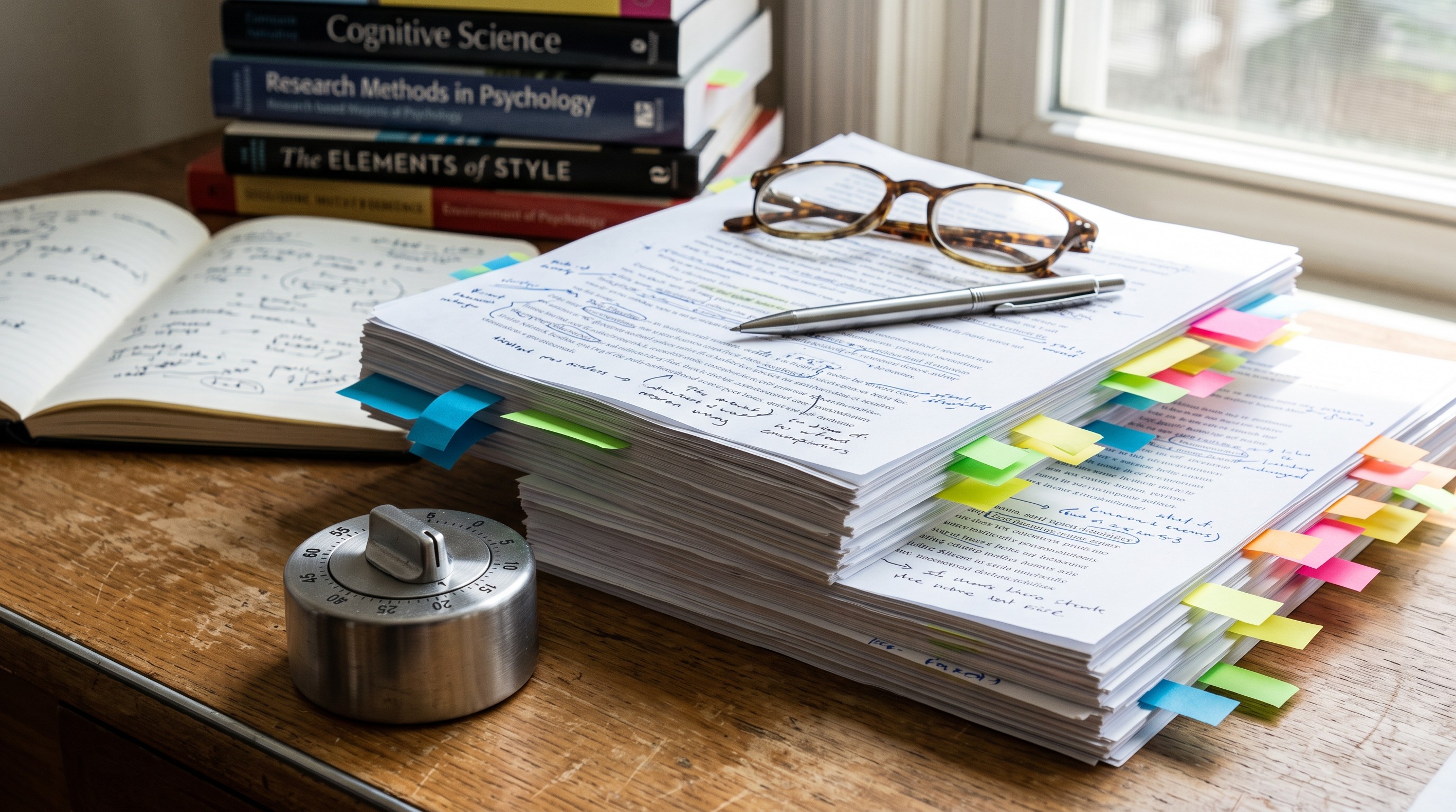 Timer beside two stacks of annotated research papers