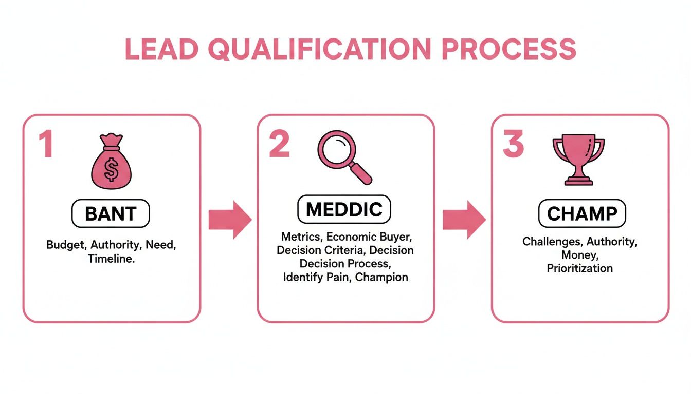 A diagram illustrating the lead qualification process with three key steps: BANT, MEDDIC, and CHAMP frameworks.