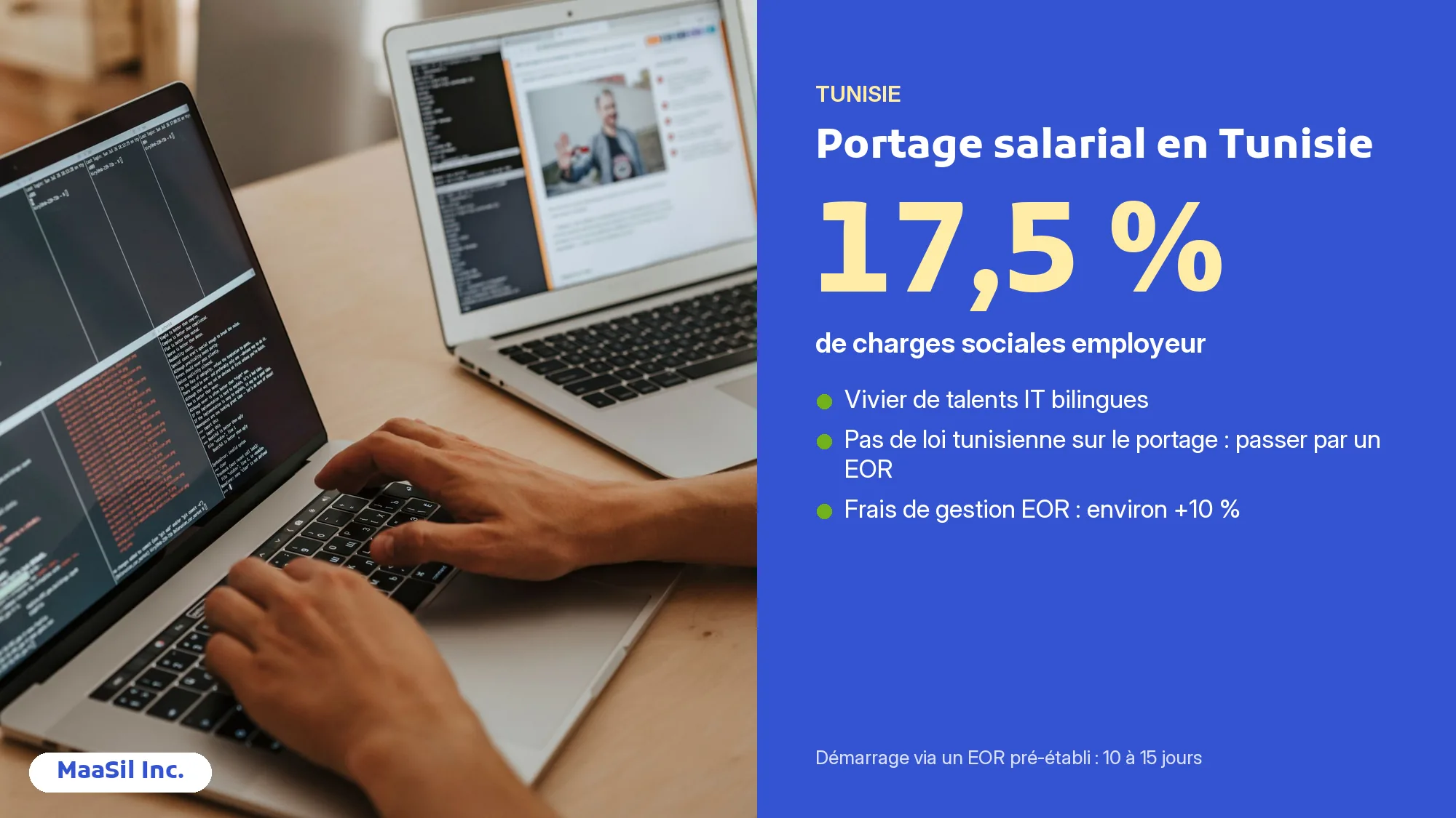 Infographie portage salarial en Tunisie : 17,5 % de charges sociales et talents IT bilingues