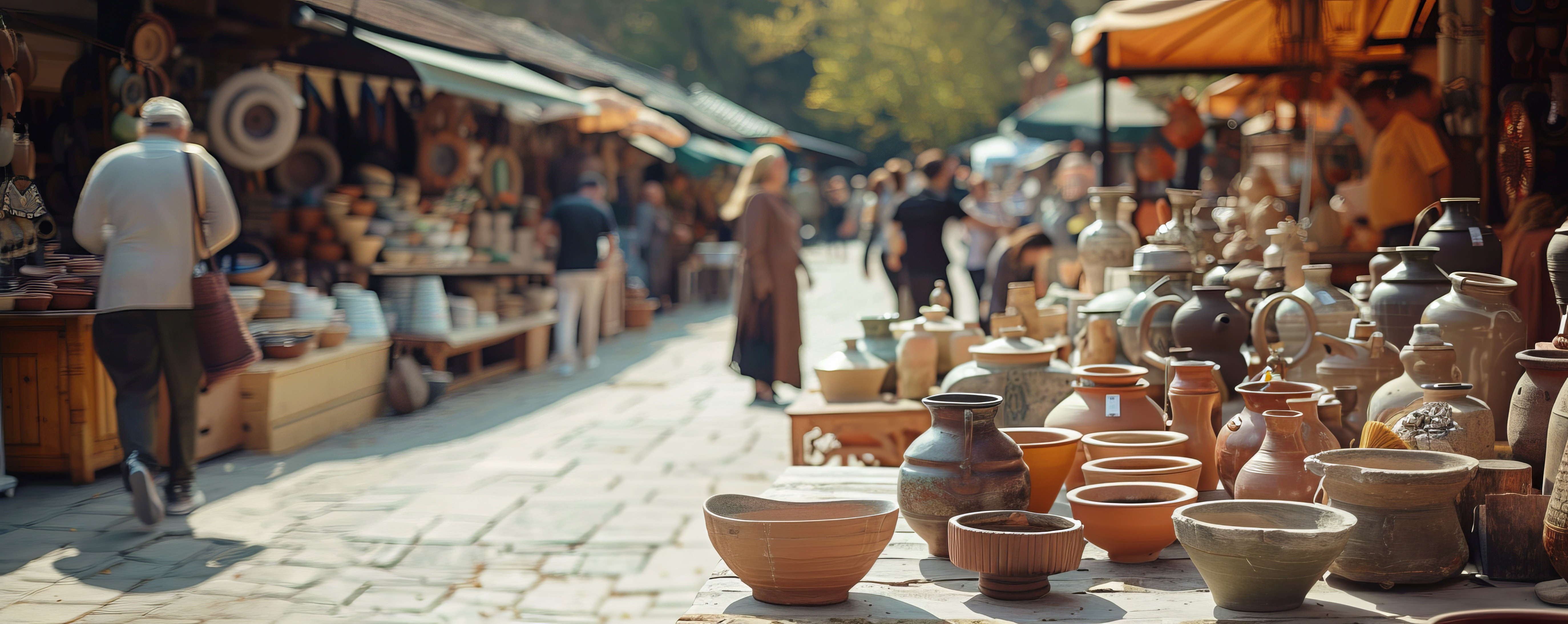 An outdoor market stall selling small decorative items.