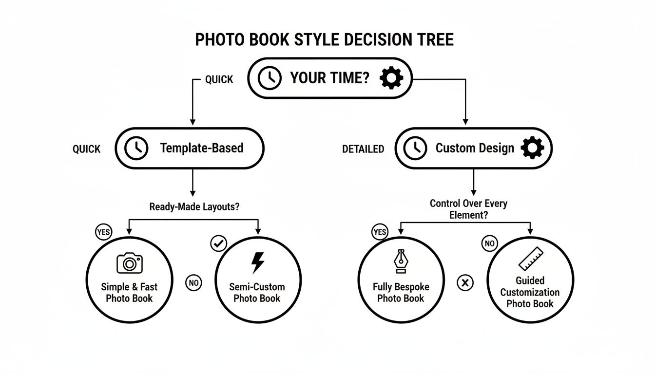 Decision tree flowchart for choosing a photo book style based on time commitment and customization.