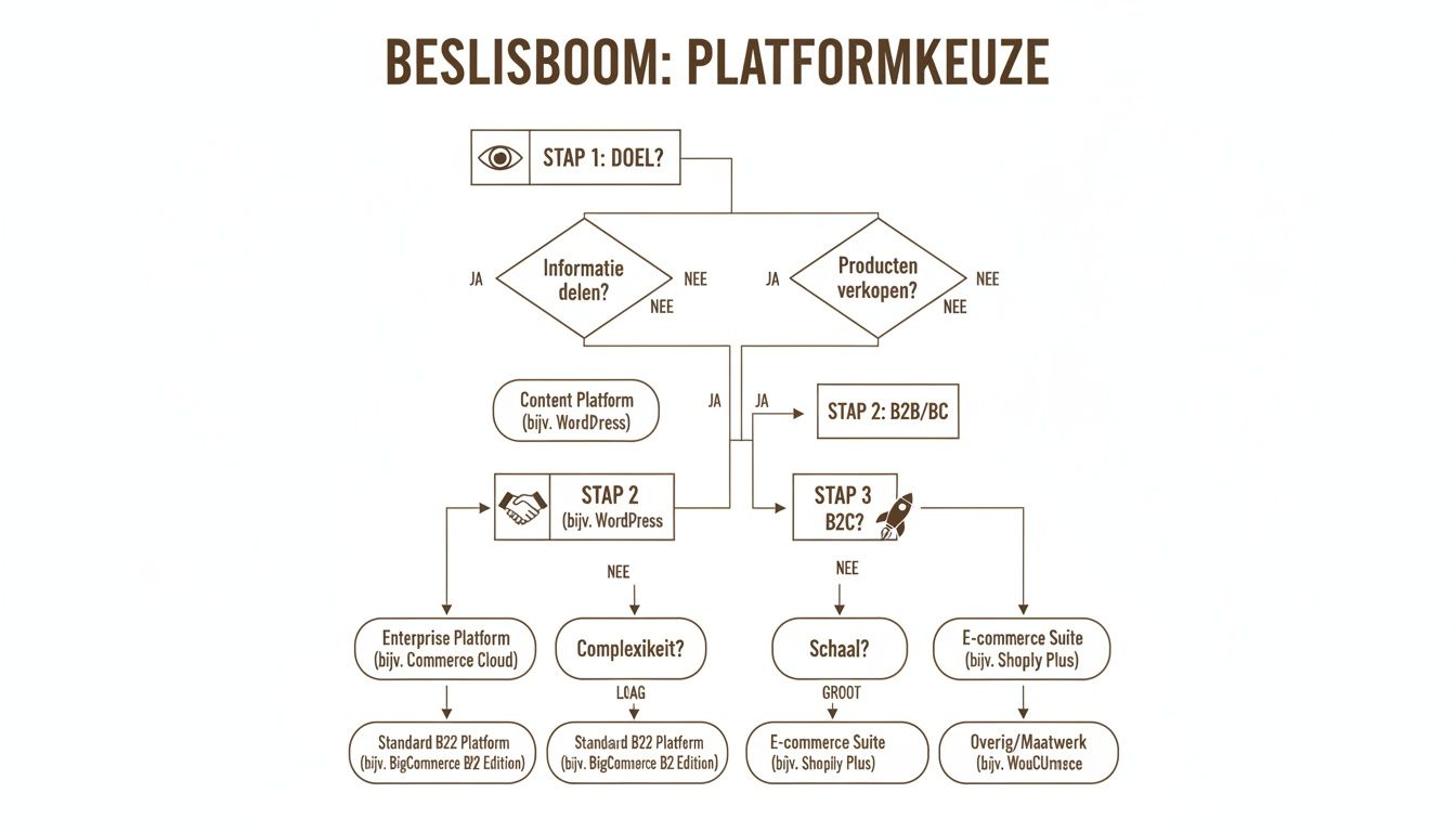 Duidelijke beslisboom voor platformkeuze, van content delen tot productverkoop, met verschillende e-commerce oplossingen.