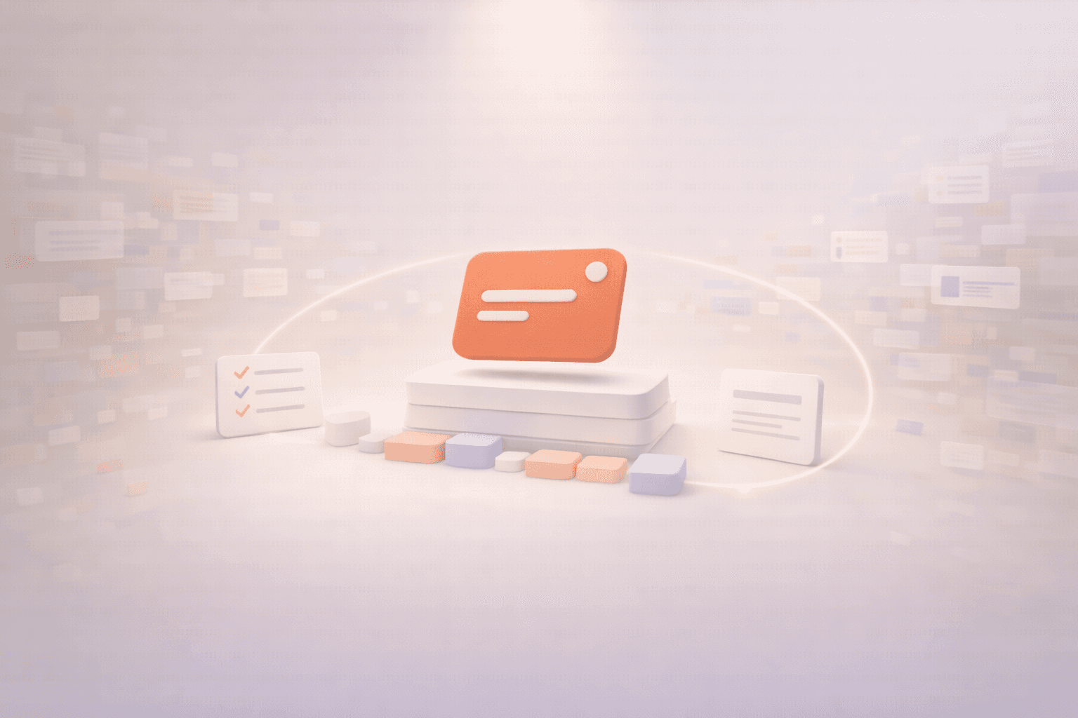 Minimalistische 3D-Illustration mit einer schwebenden korallfarbenen Fokuskarte über einem gestapelten Prozessblock. Daneben stehen eine kleine Checkliste und eine Dokumentkarte, während abgerundete Prozessschritte davor angeordnet sind und im Hintergrund transparente Aufgaben- und Notizfragmente im warmen cremebeigen Verlauf verblassen, was den Übergang von improvisierter Arbeit zu standardisierten SOP-Prozessen zeigt.