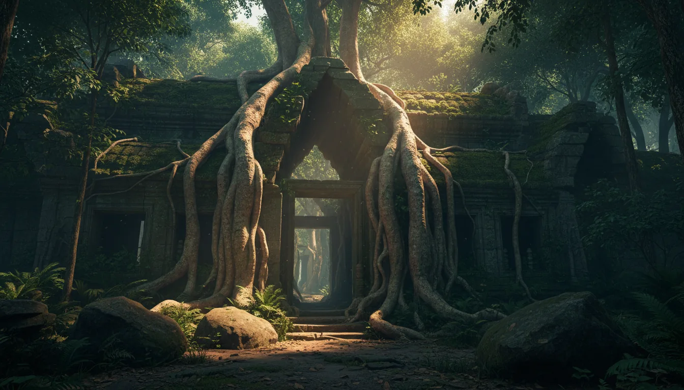 Photorealistic 3D render, Autodesk Maya style, of ancient jungle temple ruins being reclaimed by nature. A low-angle shot captures the scene, focusing on massive, gnarled tree roots enveloping the weathered, moss-covered stone entrance. Dappled sunlight filters through the dense forest canopy, creating dramatic high-contrast lighting with warm highlights and deep shadows. The foreground consists of scattered boulders and dusty ground. The overall mood is atmospheric, epic, and highly detailed with hyper-realistic textures on the stone and wood.