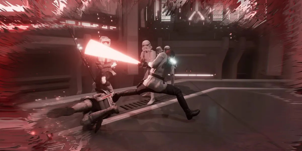 Cal Kestis wearing a white Imperial uniform and a red lightsaber fighting against stormtroopers The screen is surrounded by a red haze as Cal taps into the dark side