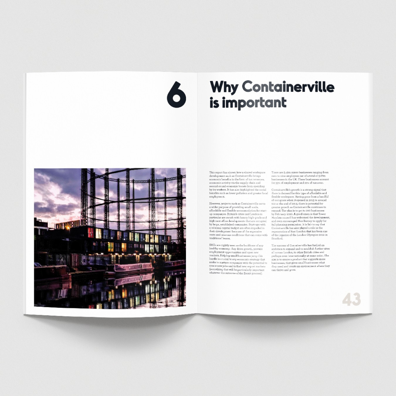 Inside spread design for Containerville's Economic and Social Impact Report.
