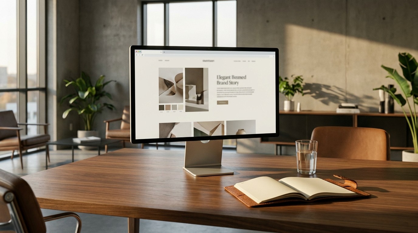 Moderner Agentur Arbeitsplatz mit Website zum Thema Storytelling im Webdesign