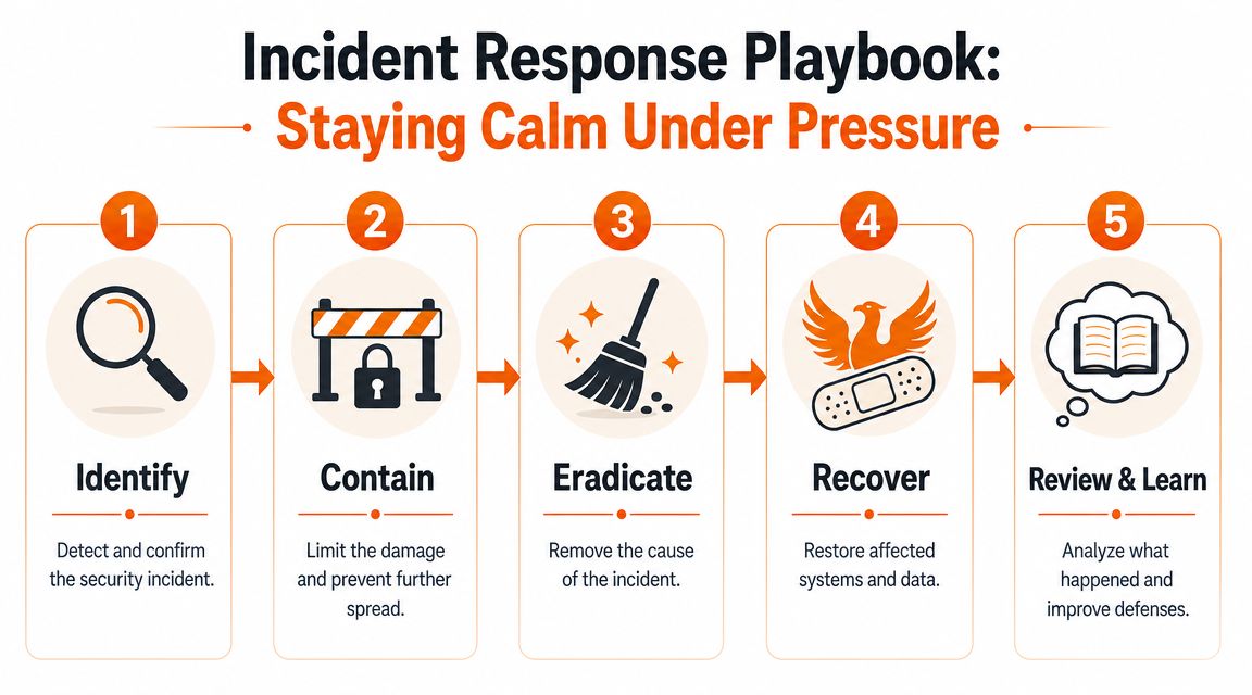 A five-step incident response playbook infographic outlining cybersecurity stages from identifying to reviewing and learning.