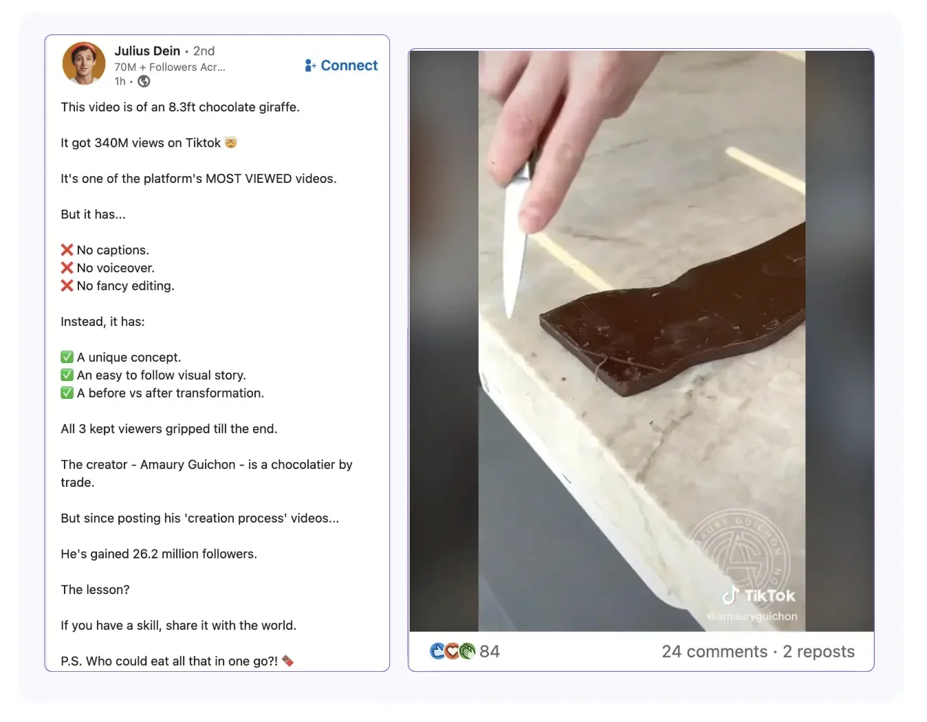 An example LinkedIn post by Julius Dein covering Amaury Guichon's success on the platform and the lesson to be learned