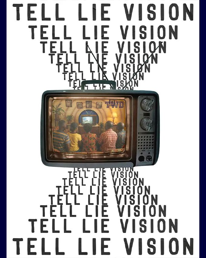 Tell Lie Vision Kenya poster: family in patterned clothing watching television below a wall of framed photos, rounded vintage TV with top handle