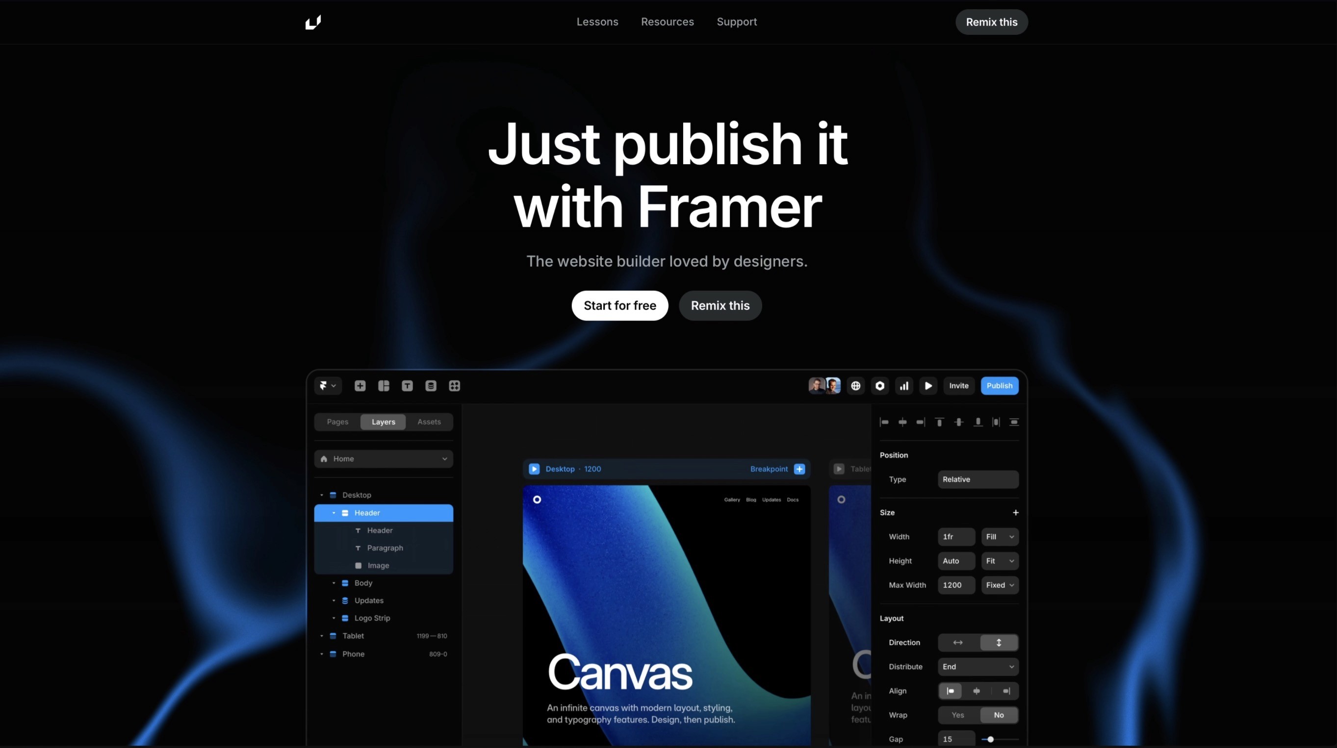 Framer website builder interface showcasing Canvas design tool