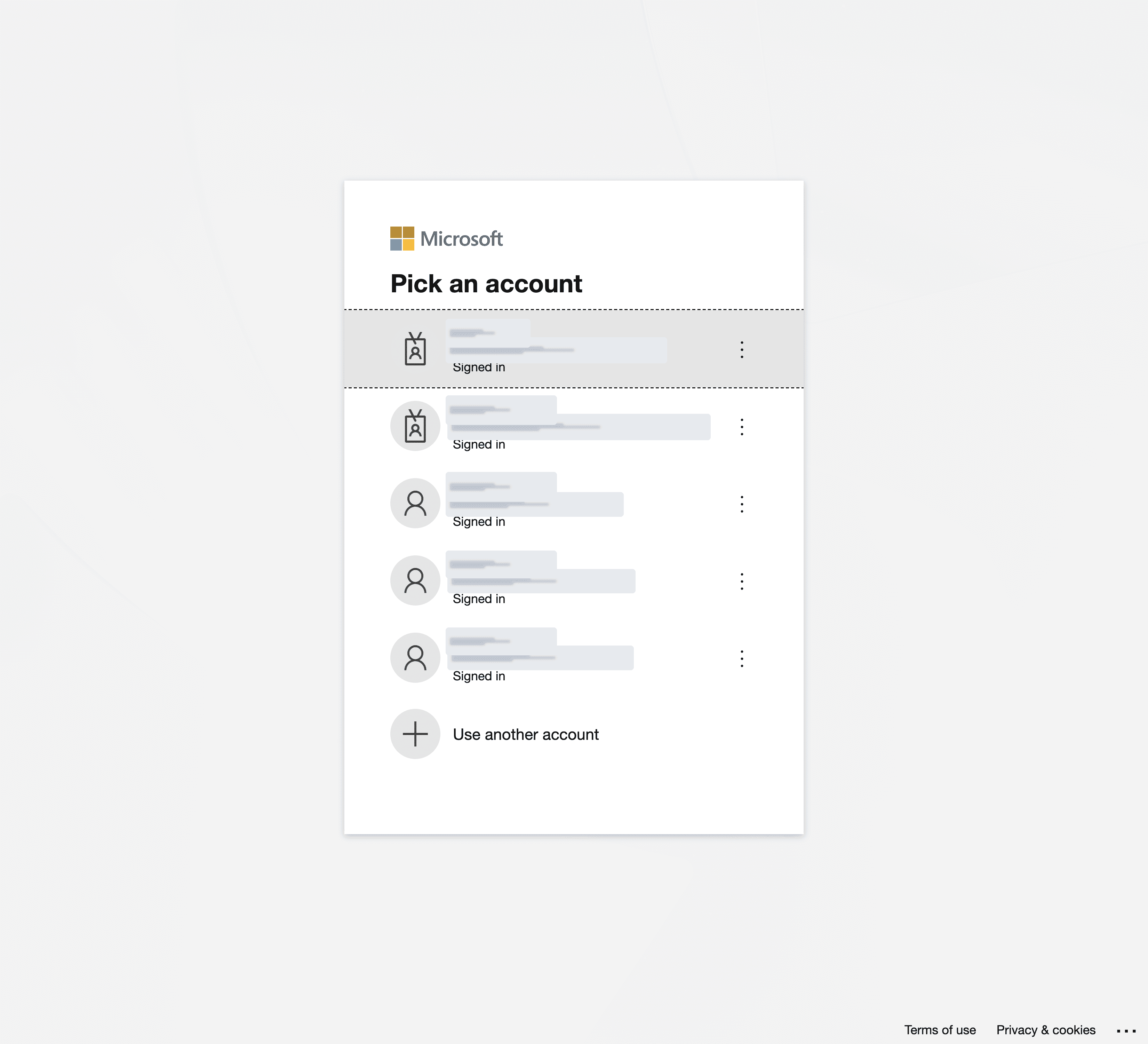 Microsoft Pick an account page