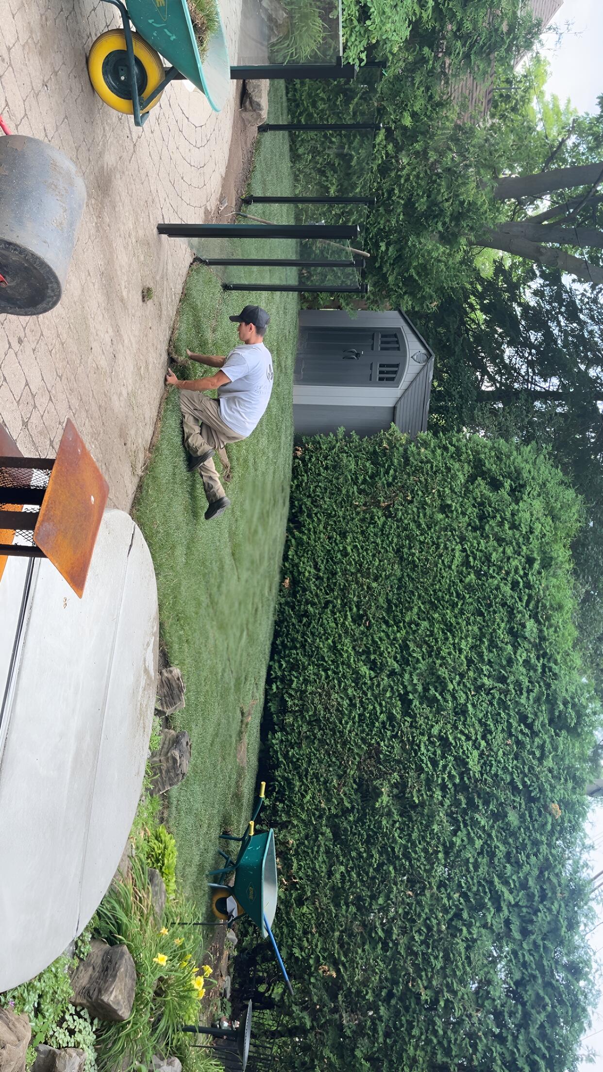 Cour arrière avec haie de cèdres, pavé, mobilier de jardin et espace de détente.