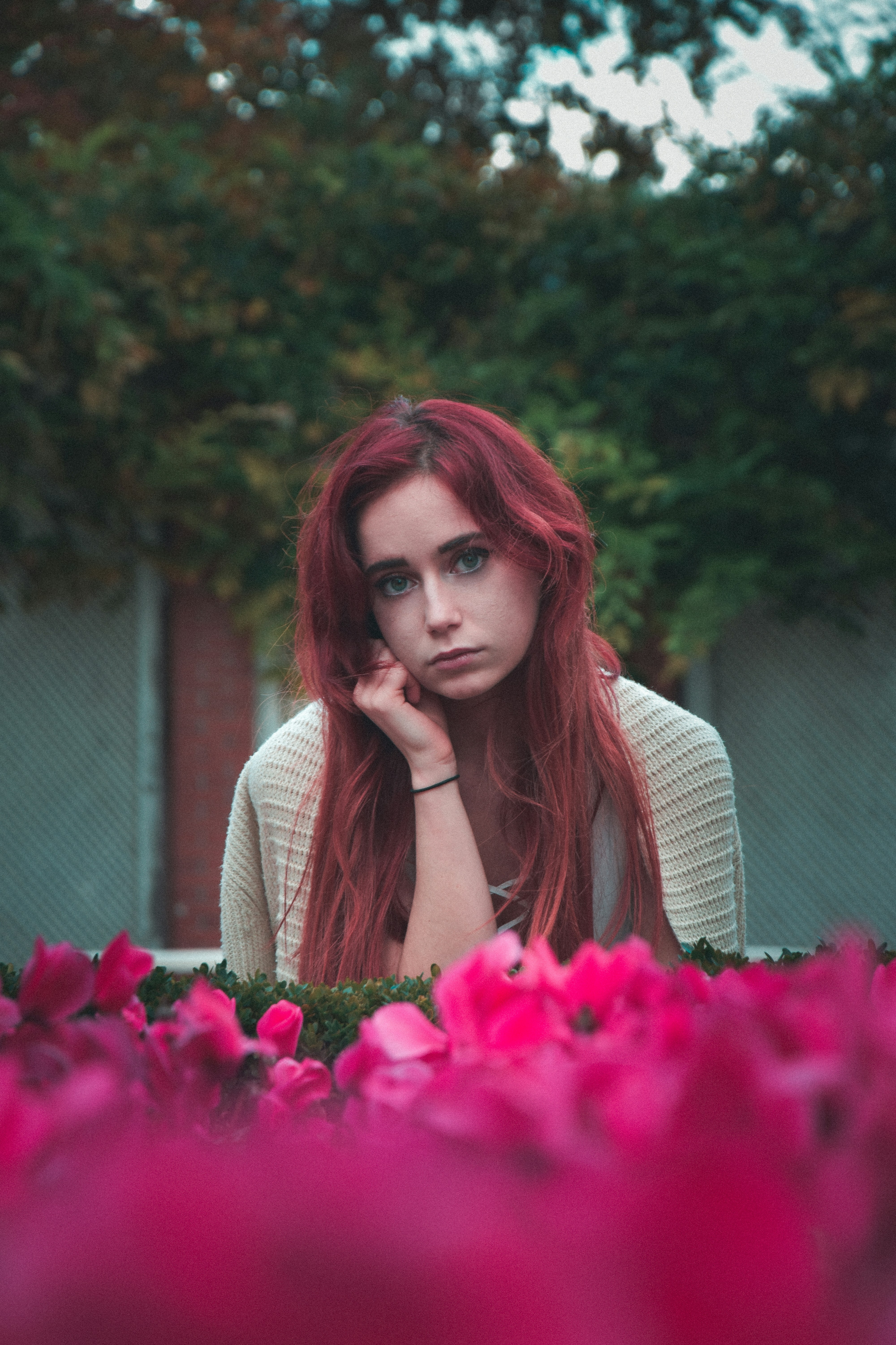 woman wearing grey shirt near pink petaled flowers during daytime