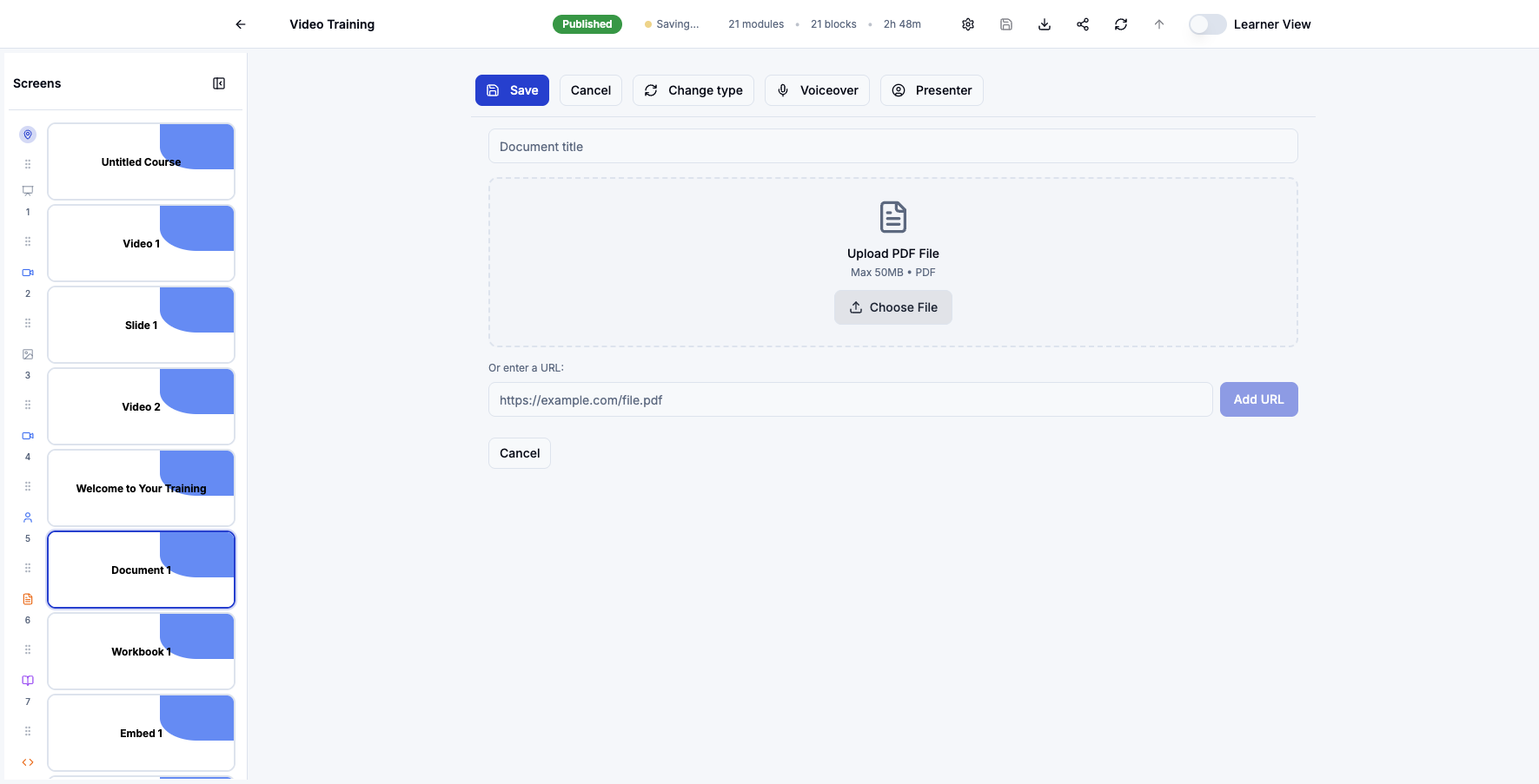 Click Choose File to upload a different PDF document from your computer.