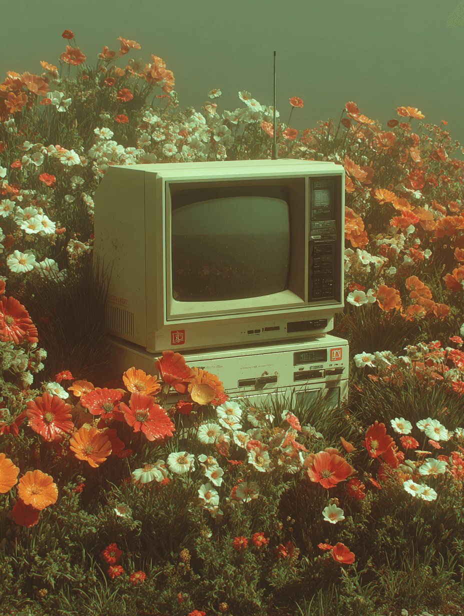 A vintage computer and CRT monitor partially buried in a vibrant meadow of red, orange, and white flowers, blending nature with nostalgic technology under soft green light.