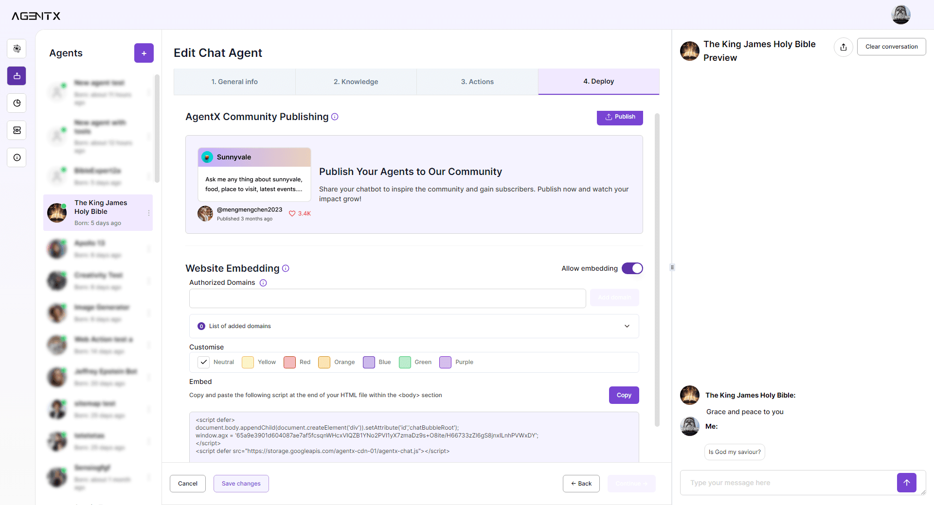 AgentX Embedding feature with Generated Script Code for Easy Deployment