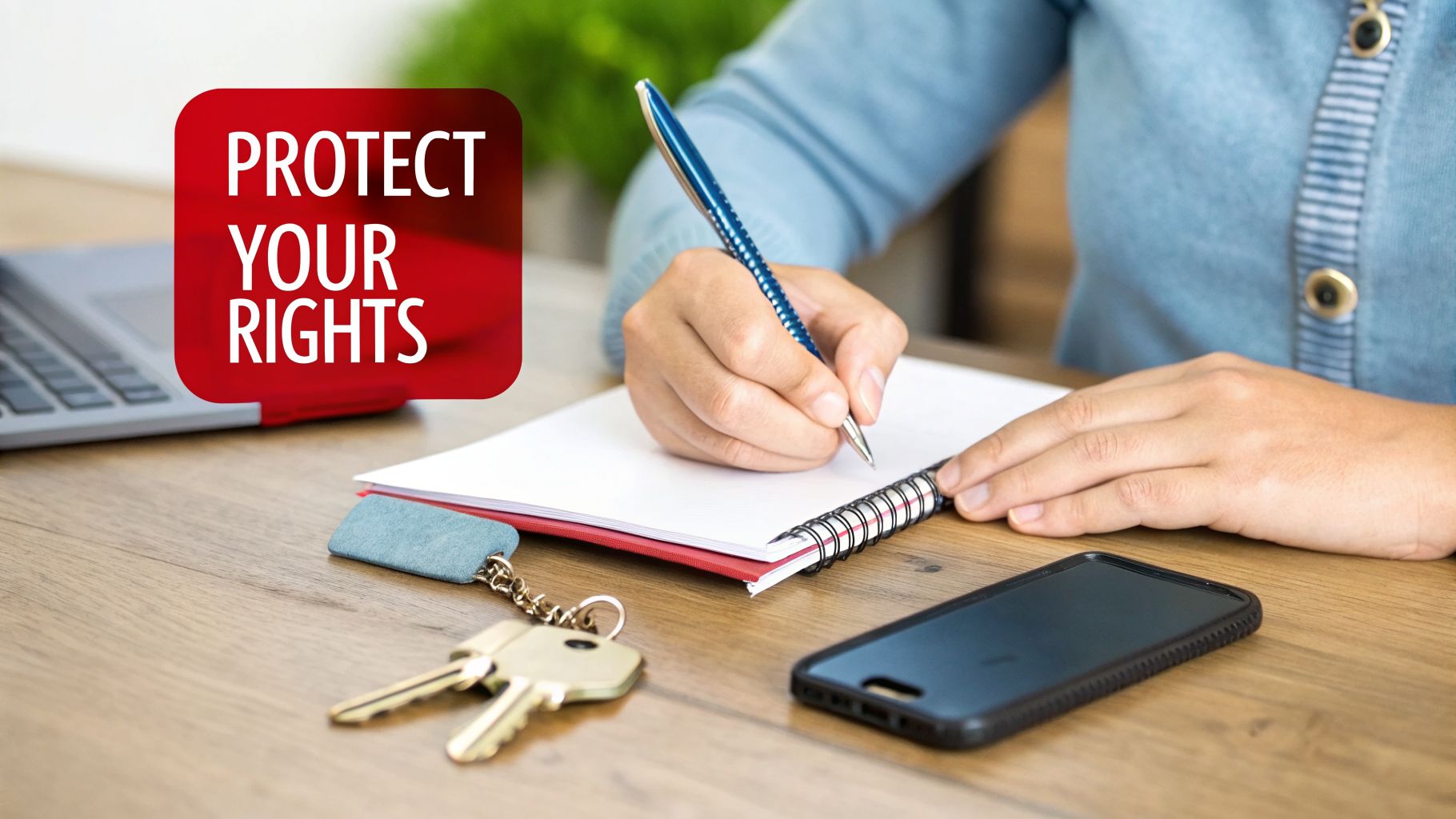 A person writes in a notebook on a wooden desk with a phone and keys, next to a 