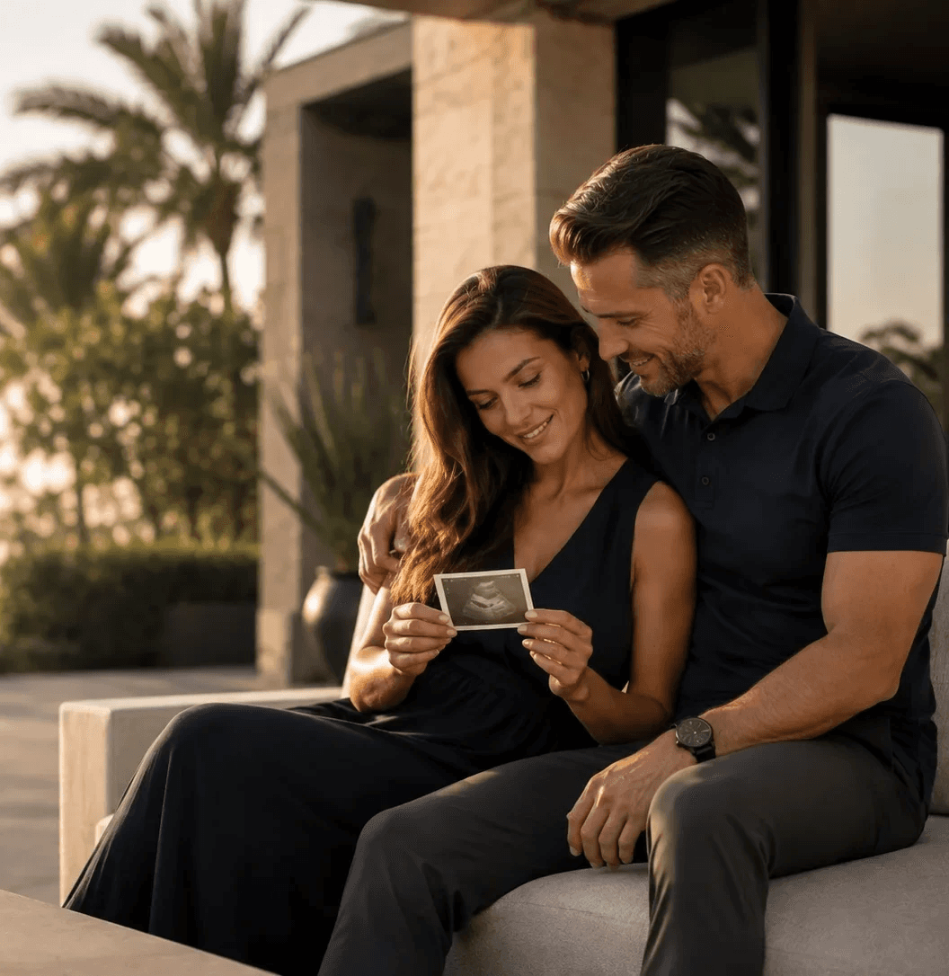 Couple sitting outdoors looking at a card
