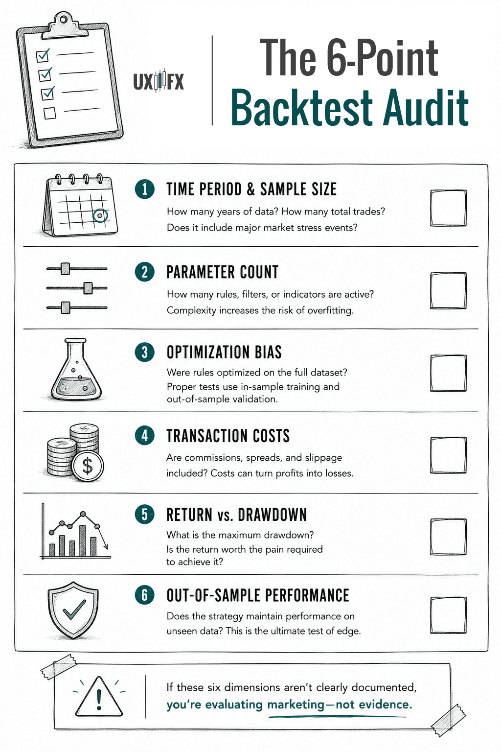 Infographic presenting a six-step checklist for evaluating a trading backtest. The audit covers time period and sample size, parameter count, optimization bias, transaction costs, return versus drawdown, and out-of-sample performance. The graphic emphasizes that without these six elements, a backtest is marketing rather than reliable evidence.