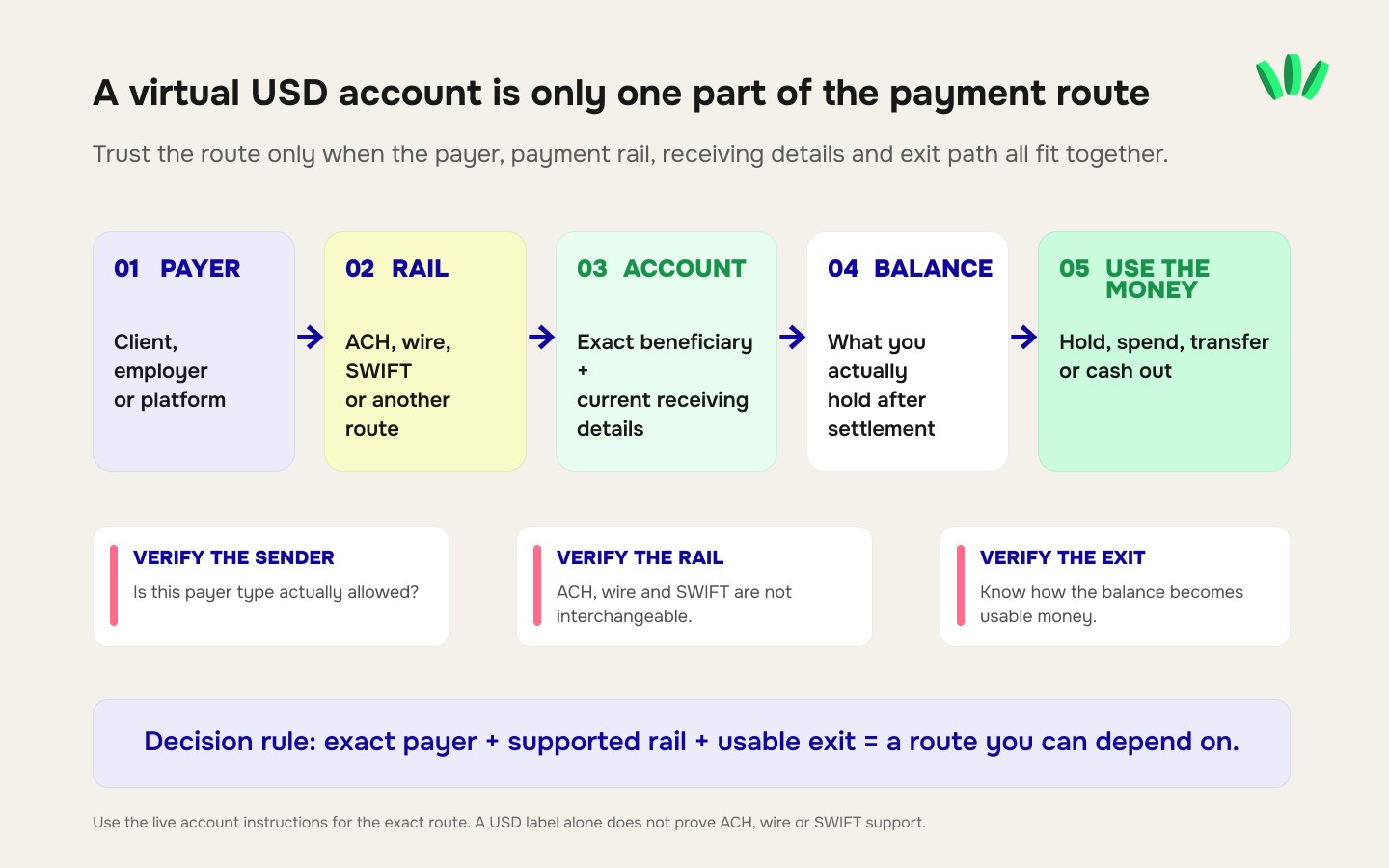 Payment route showing how a client or platform sends money through a supported rail into a virtual USD account before the balance can be held, spent, transferred or cashed out.