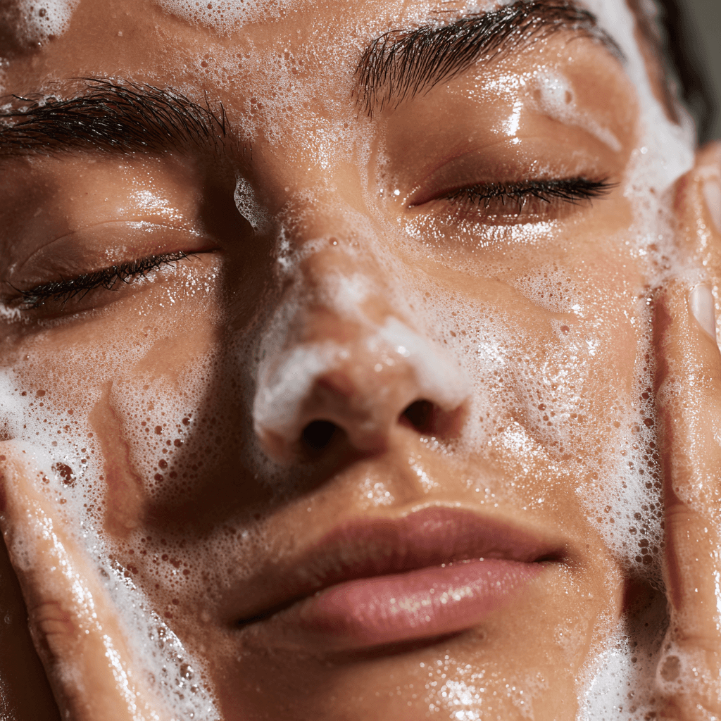Women washing face with soap portrait