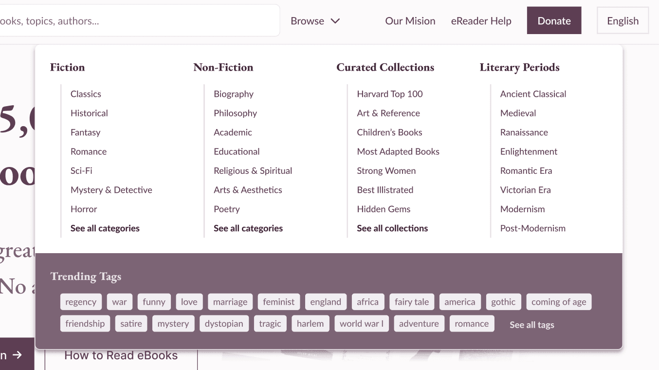 The browse mega menu with all book categories and a collection of trending tags.