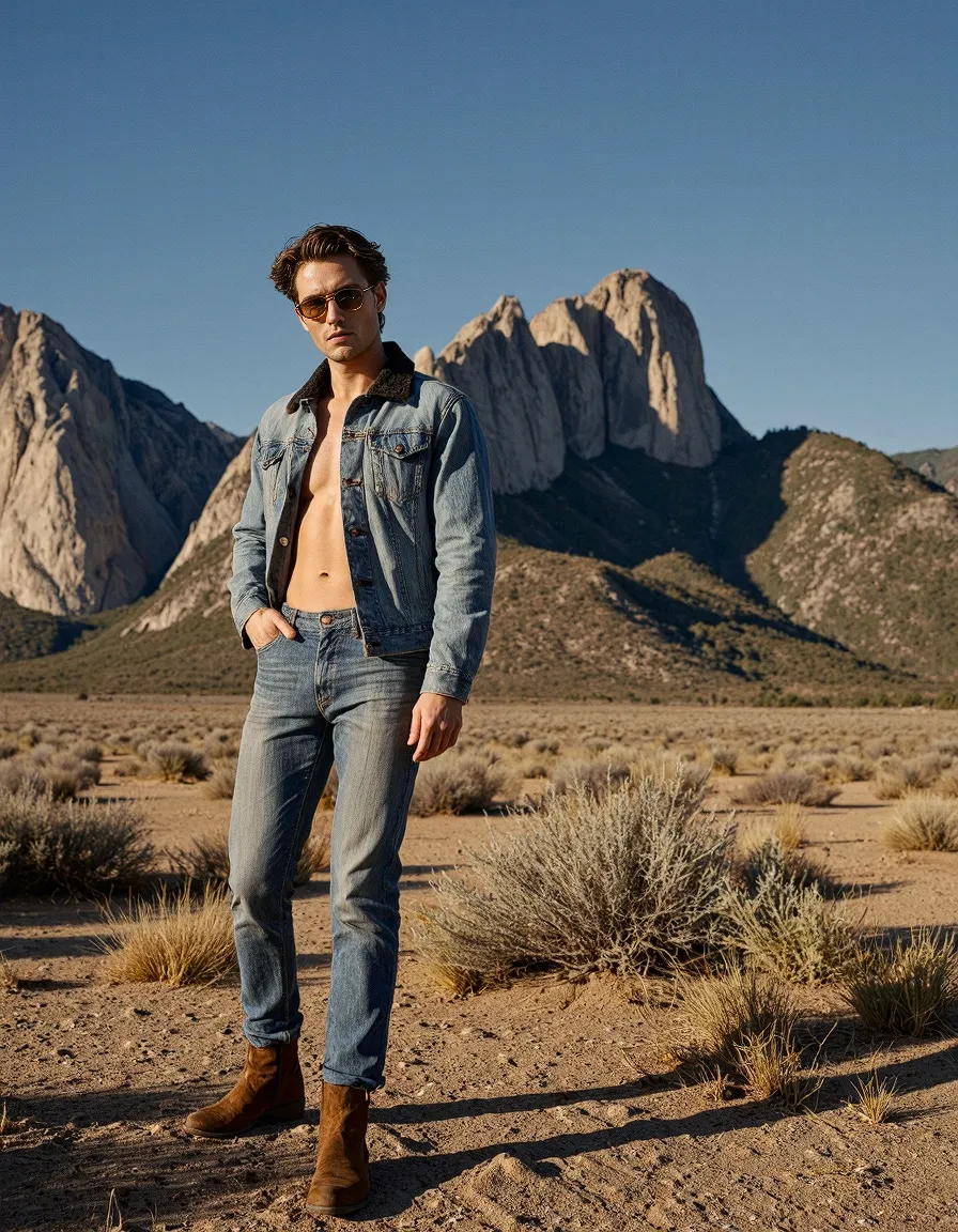 Fashion photograph featuring denim jacket and jeans against dramatic desert landscape with towering rock formations under clear blue sky