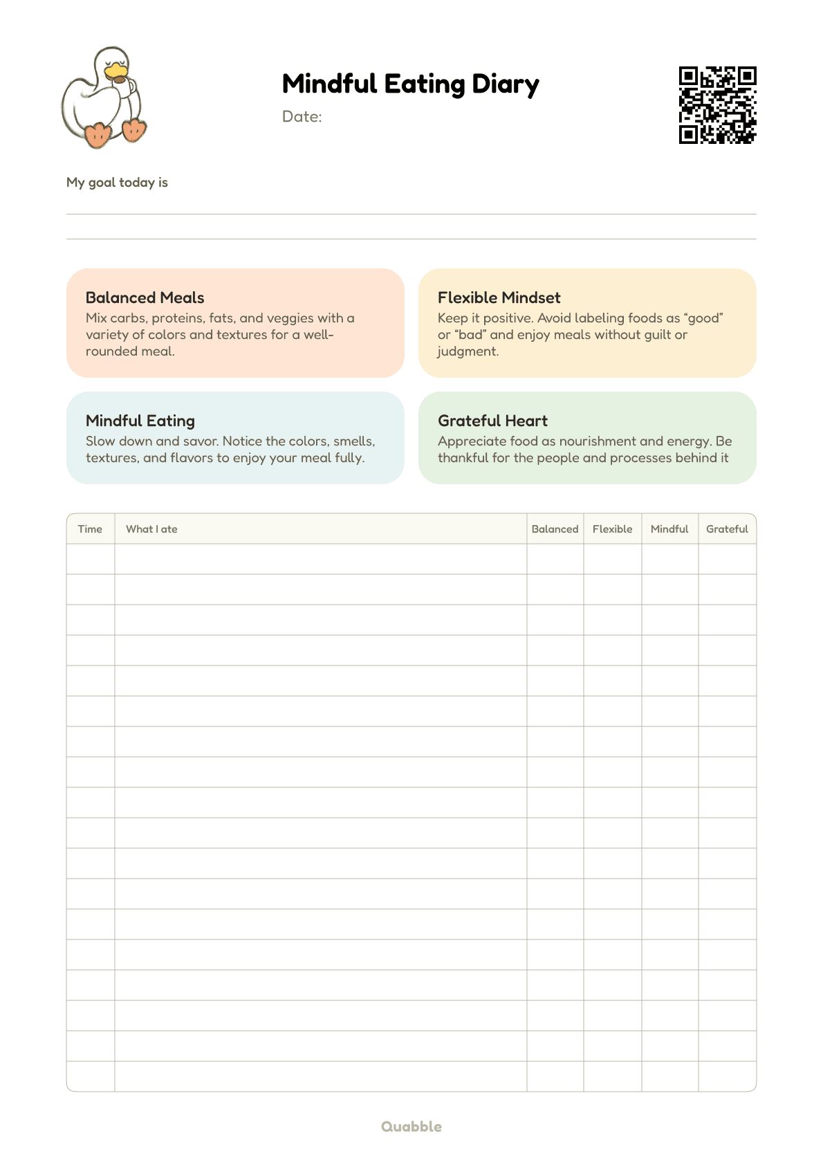 Free mindful eating diary by Quabble with daily tracker and reflections for meals.