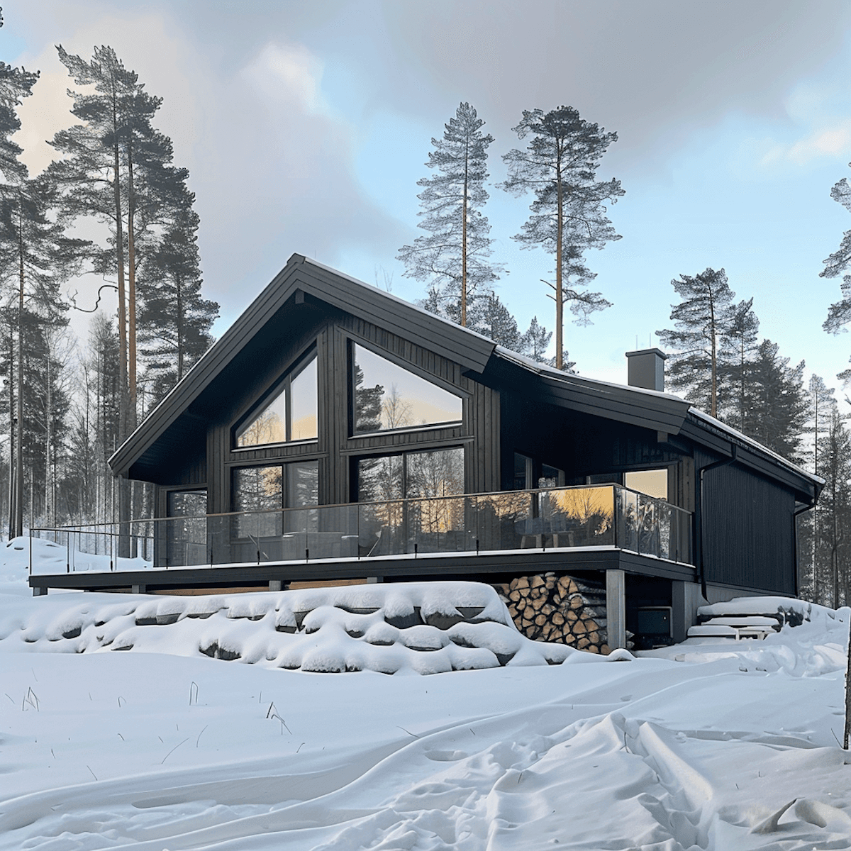 Modern cabin with large glass windows in snowy forest. Dark wood exterior, stacked firewood, and soft dusk light create a serene atmosphere.