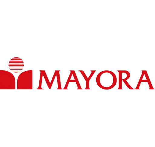 Logo of Mayora, featuring a stylized house and the brand name in bold red letters.