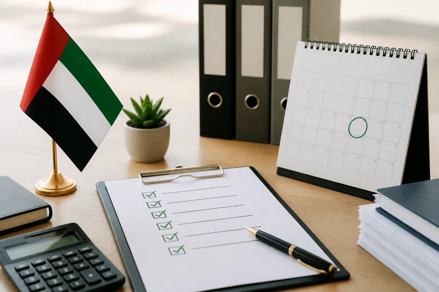 Annual Compliance for UAE Companies beside a Dubai trade license document and a modern office