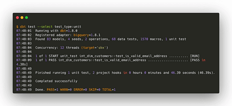 A screenshot of a terminal window displaying the results of running a dbt unit test command. The command dbt test --select test_type:unit is executed, showing the test running with dbt version 1.8.1. The test output includes information on models, seeds, operations, data tests, macros, and unit tests. The specific unit test test_is_valid_email_address passes, with a summary indicating 1 pass, 0 warnings, 0 errors, 0 skips, and a total of 1 test completed successfully.