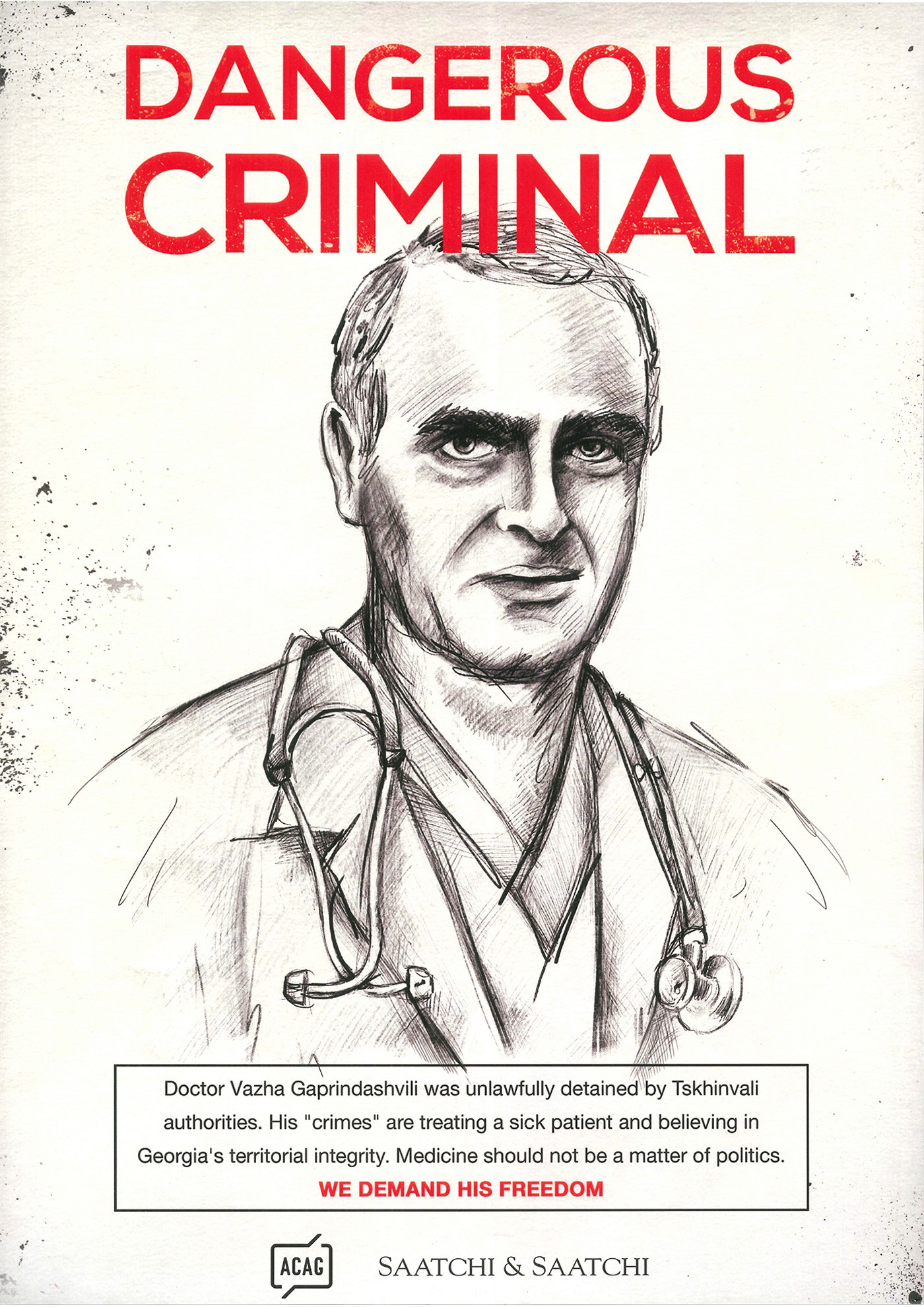Sketch-style poster with bold red text “Dangerous Criminal” and a portrait of Dr. Vazha Gaprindashvili in medical attire. English caption explains that he was unlawfully detained for treating a patient across the occupation line. It ends with: “We demand his freedom”.