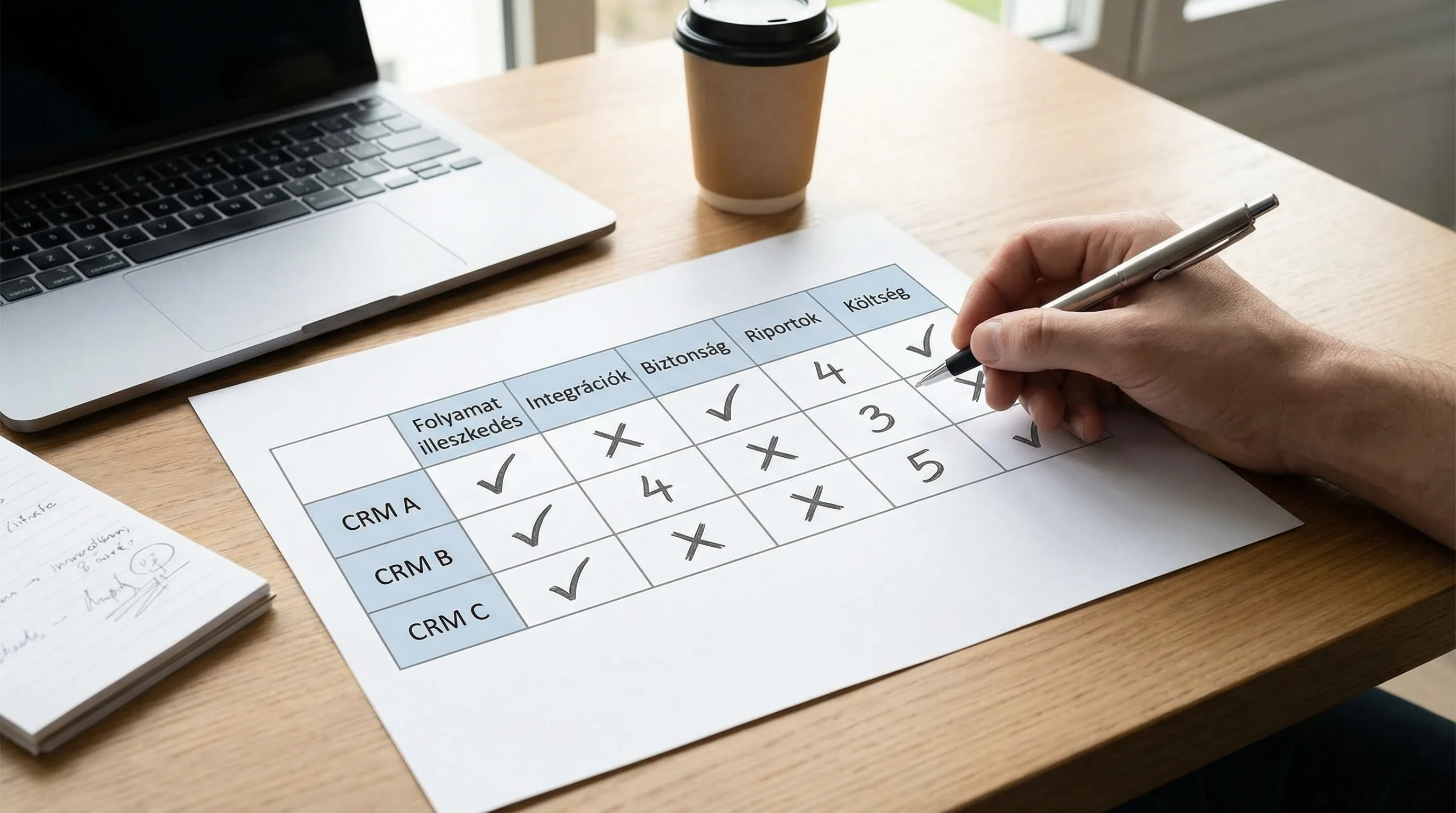 Egy egyszerű döntési mátrix táblázat CRM választáshoz, oszlopokkal (Folyamat illeszkedés, Integrációk, Biztonság, Riportok, Költség), sorokkal (CRM A, CRM B, CRM C), és jelölésekkel a pontszámokra.
