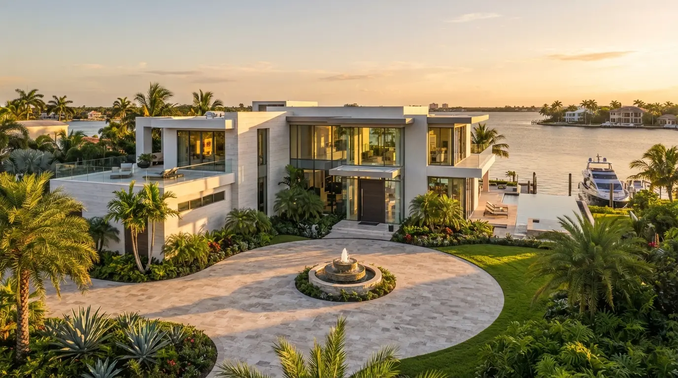 Aerial view of modern waterfront mansion at sunset showcasing circular driveway with fountain, lush tropical landscaping, and private boat dock with yacht