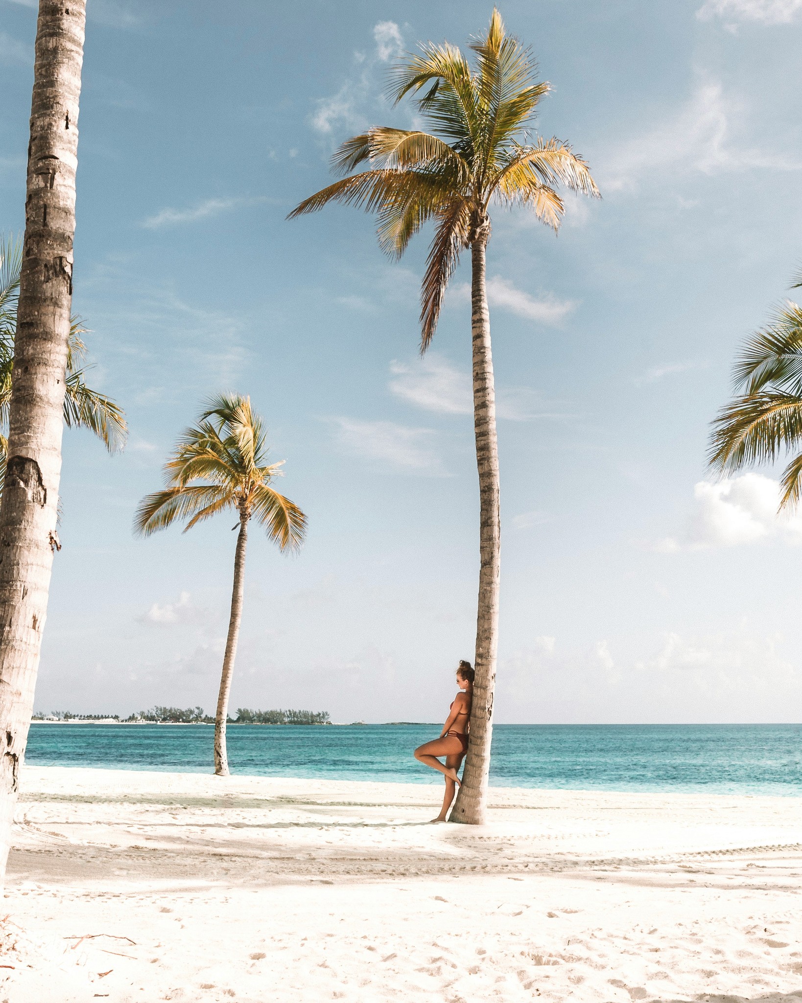 Woman near palm tree on tropical island