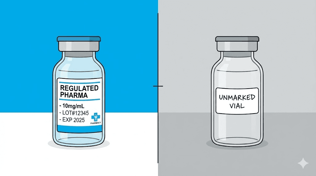 Grey market tirzepatide vial compared to regulated pharmacy tirzepatide