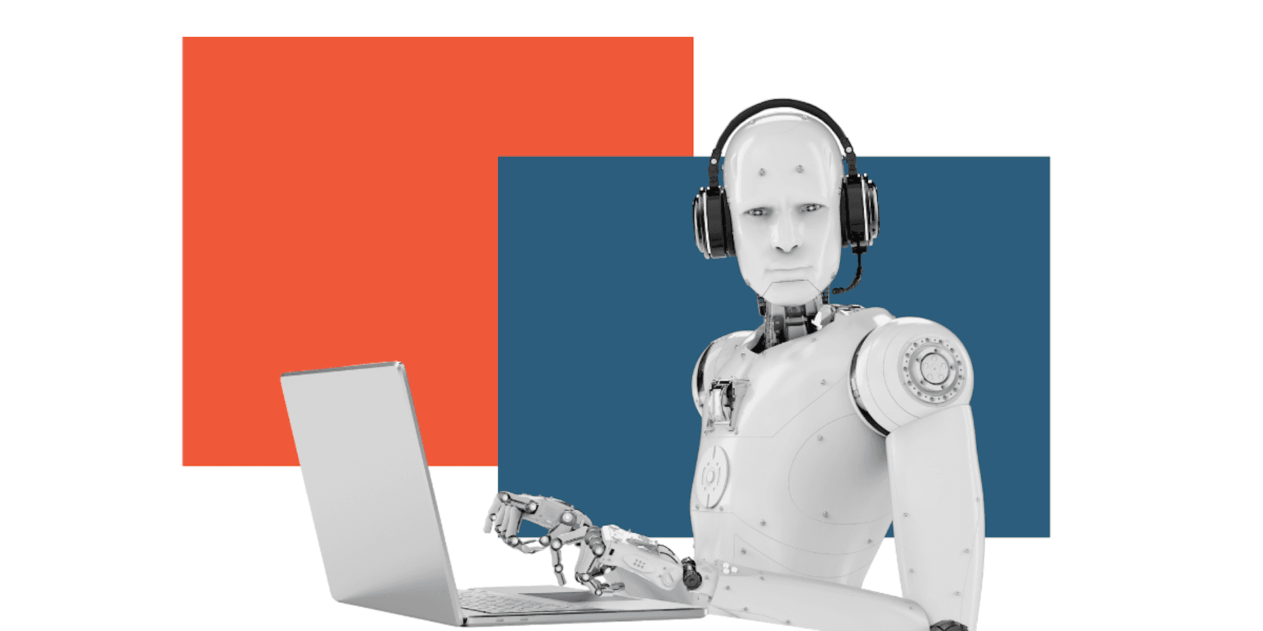 Robot wearing headset using laptop against colorful geometric background.