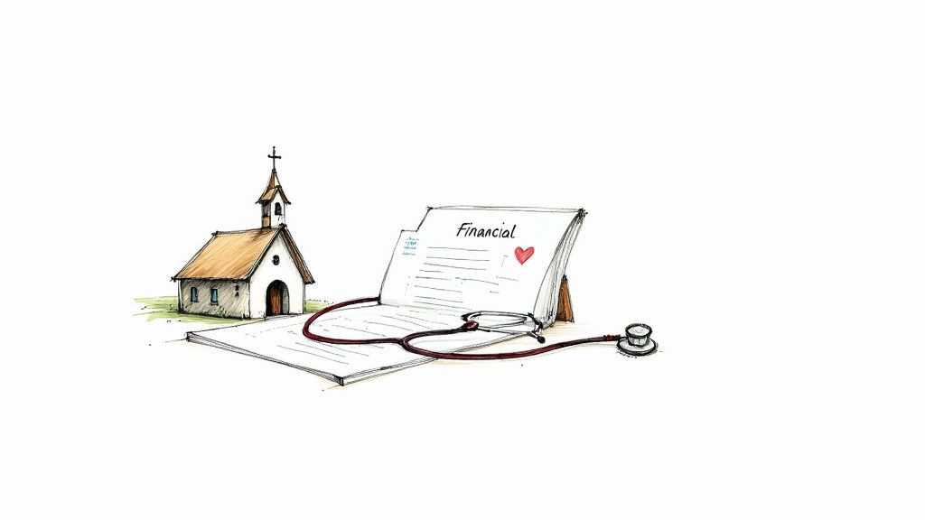 An illustration depicting a small church, a financial report with a heart, and a stethoscope.