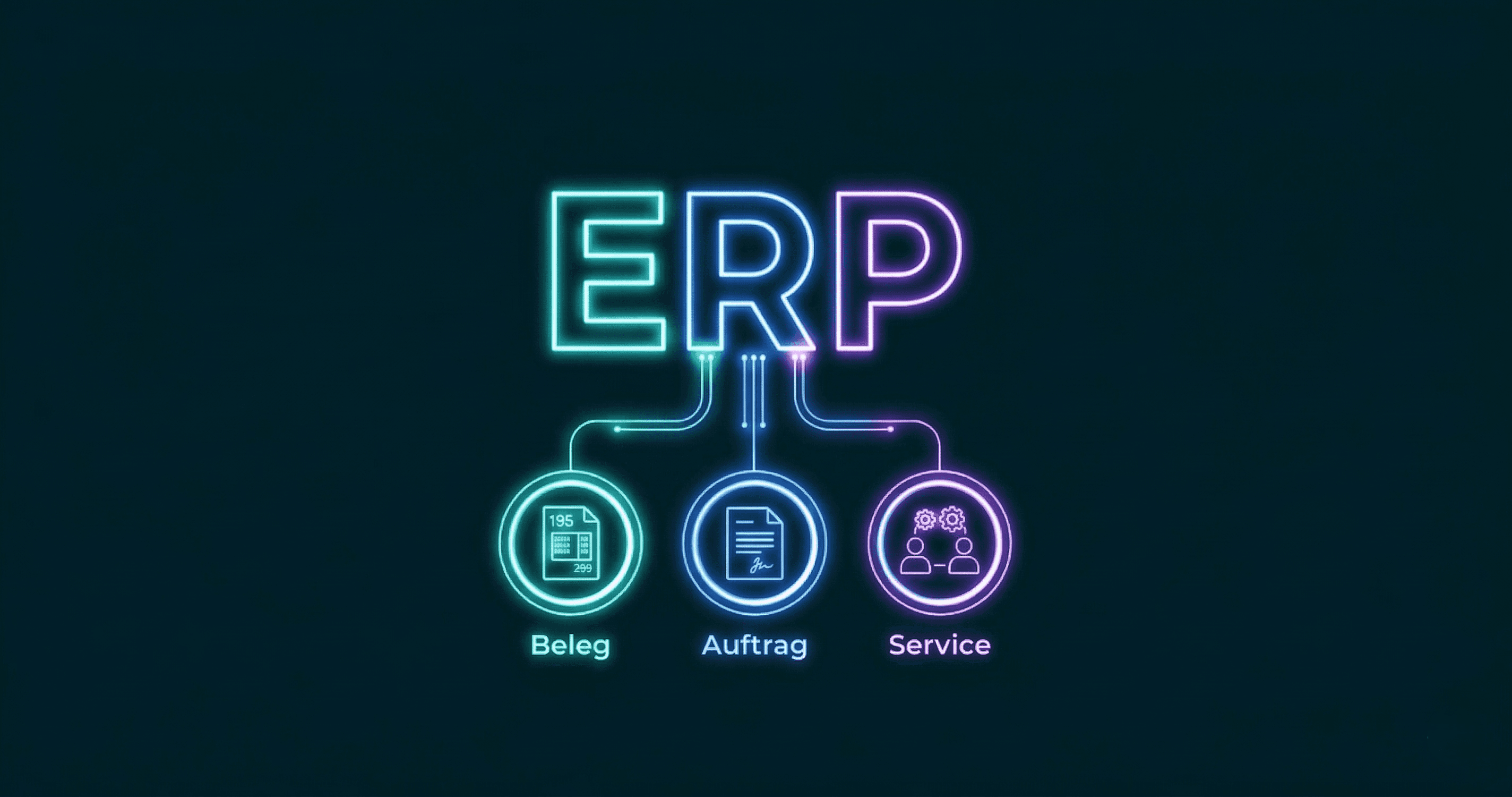 NOAVIA ERP-Automatisierung für Belegfluss, Auftragsfluss und Service-Eingang: Ein Neon-Prozessdiagramm zeigt die digitale Integration von OCR-Pipelines und Ticket-Systemen in bestehende ERP-Infrastrukturen zur Zeitersparnis.