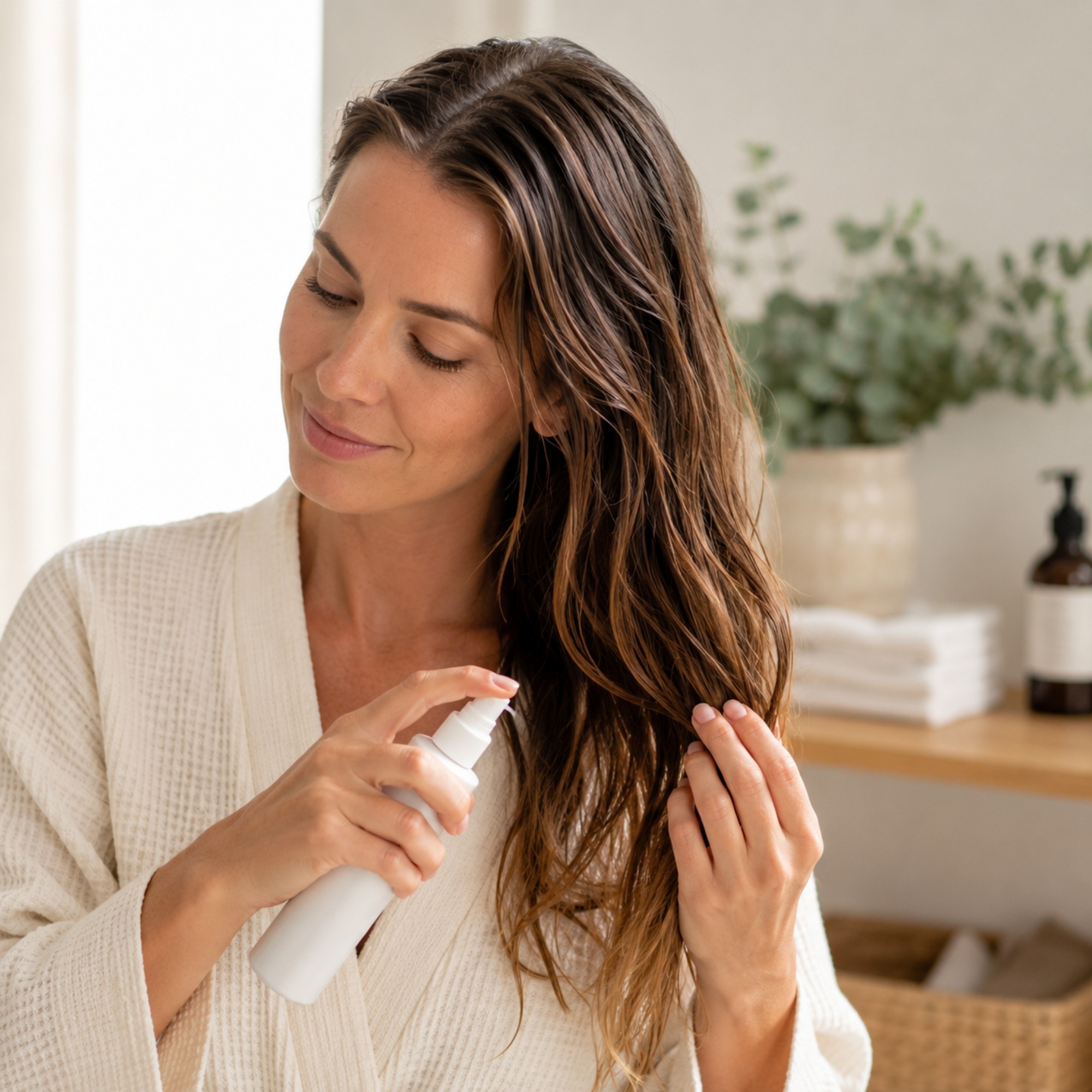 Vrouw brengt een hydraterend haarproduct aan na blootstelling aan de zon als illustratie van verzorging van haar en hoofdhuid.