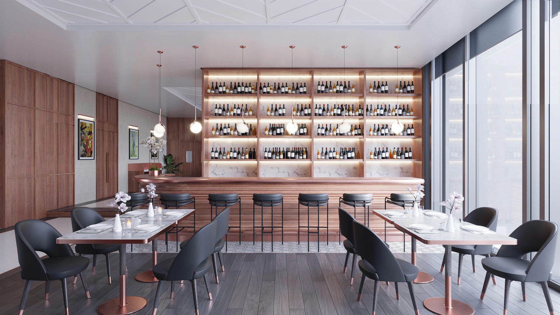 Bar area featuring full-height wine display shelving with integrated backlighting, marble backing, and timber framing supporting premium F&B operations