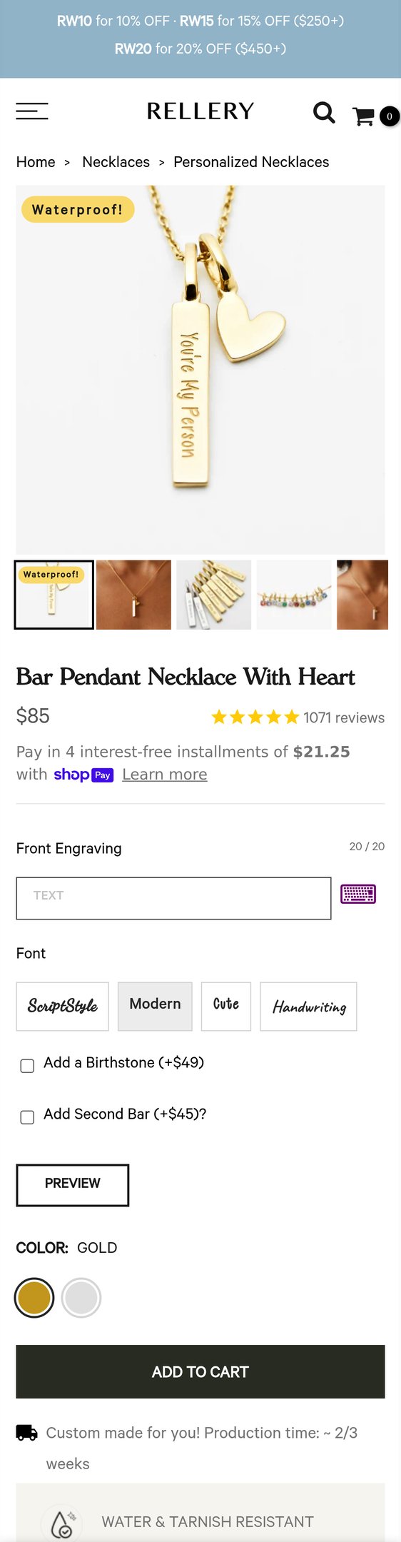 Jewelry product options include: necklace, pendant for Bar Pendant Necklace With Heart from Rellery.