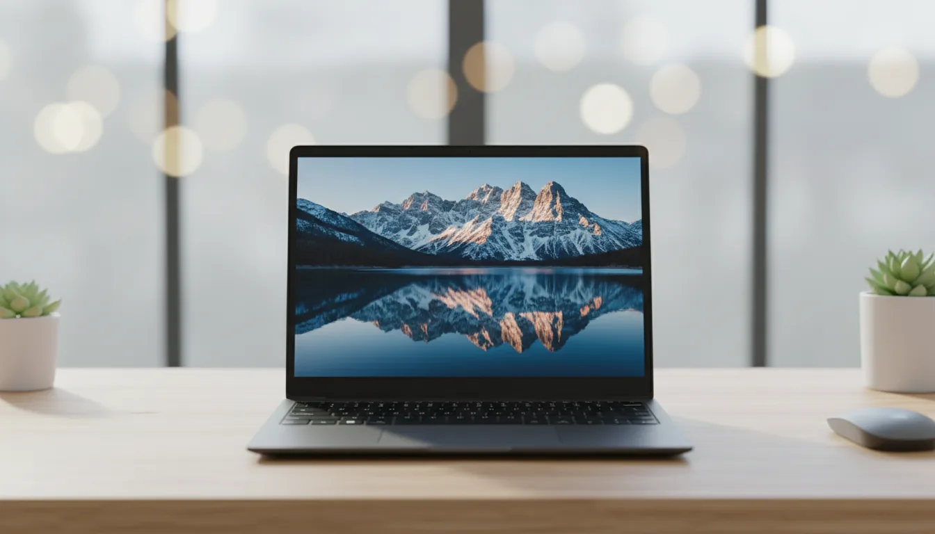 DSLR photograph of a modern, slim black Chromebook laptop, centered on a light wood desk. The screen is on, displaying a vibrant wallpaper of a snow-capped mountain range reflected in a deep blue lake under a clear sky. Natural daylight illuminates the scene from a large, softly-focused window in the background, creating a gentle bokeh effect. The focus is sharp on the laptop, highlighting the matte texture of the chassis and keyboard. Eye-level, symmetrical composition.