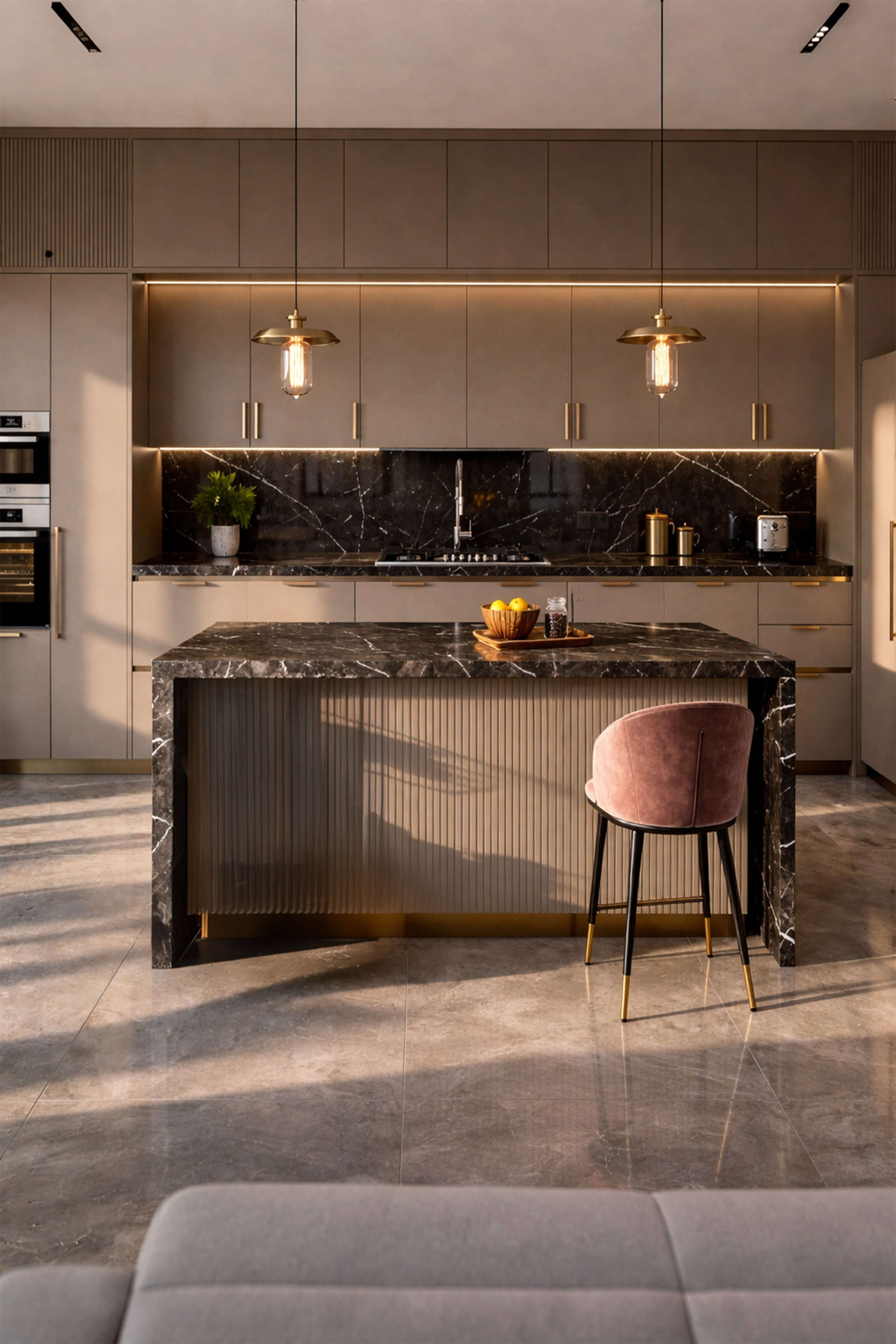 Warm modern kitchen with dark marble island, brass accents, and soft natural light.
