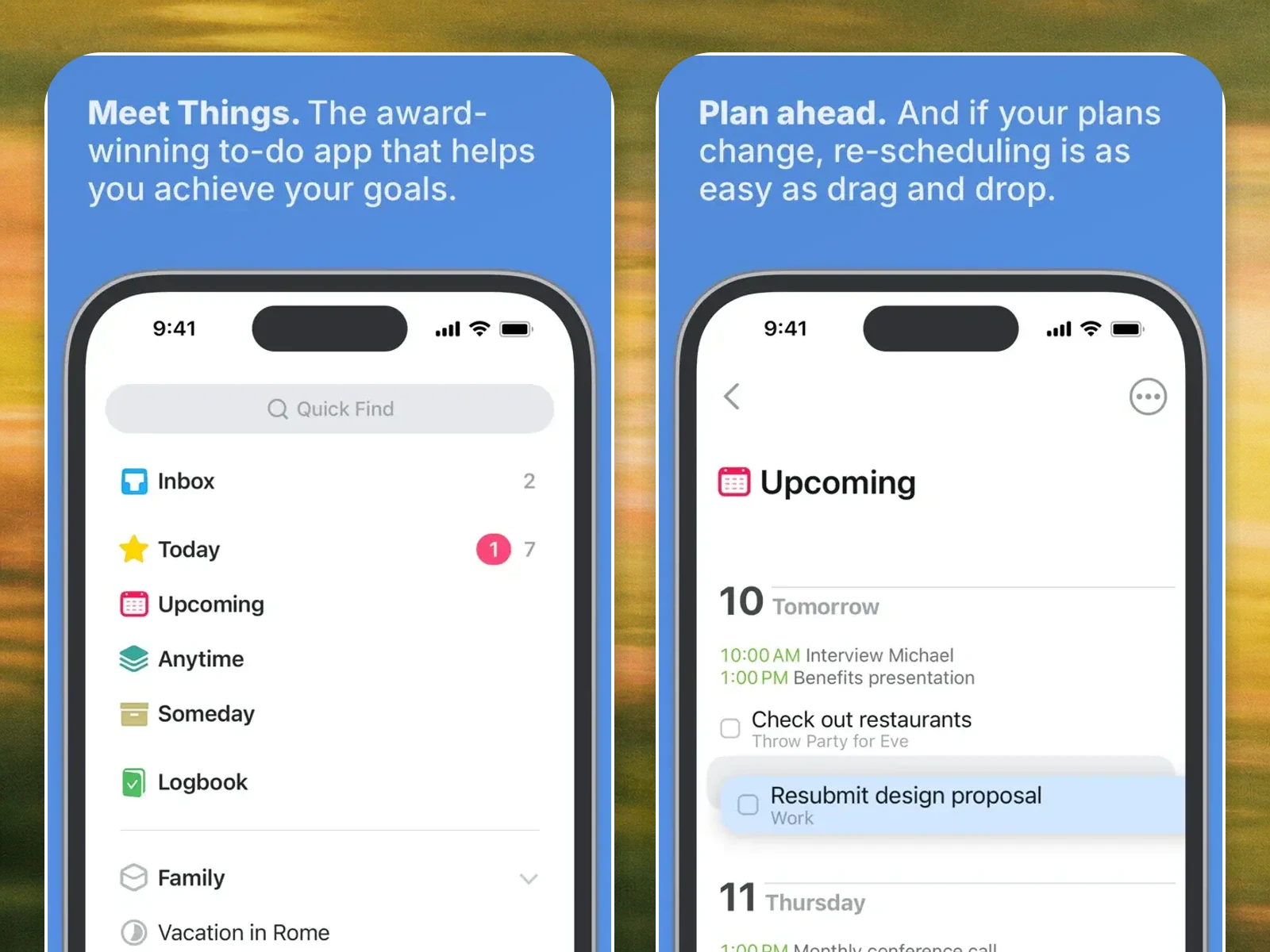 Things 3 task planning interface shown in two large rounded app screenshots