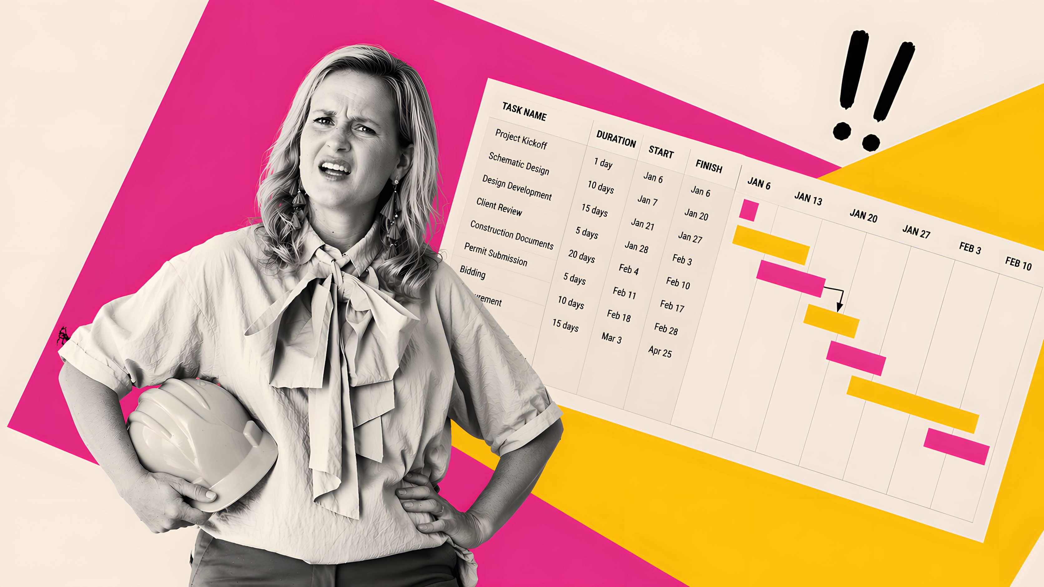 Frustrated interior designer holding a hard hat beside a Gantt chart, illustrating why project management tools like Asana, Monday, and Notion fail for interior design workflows
