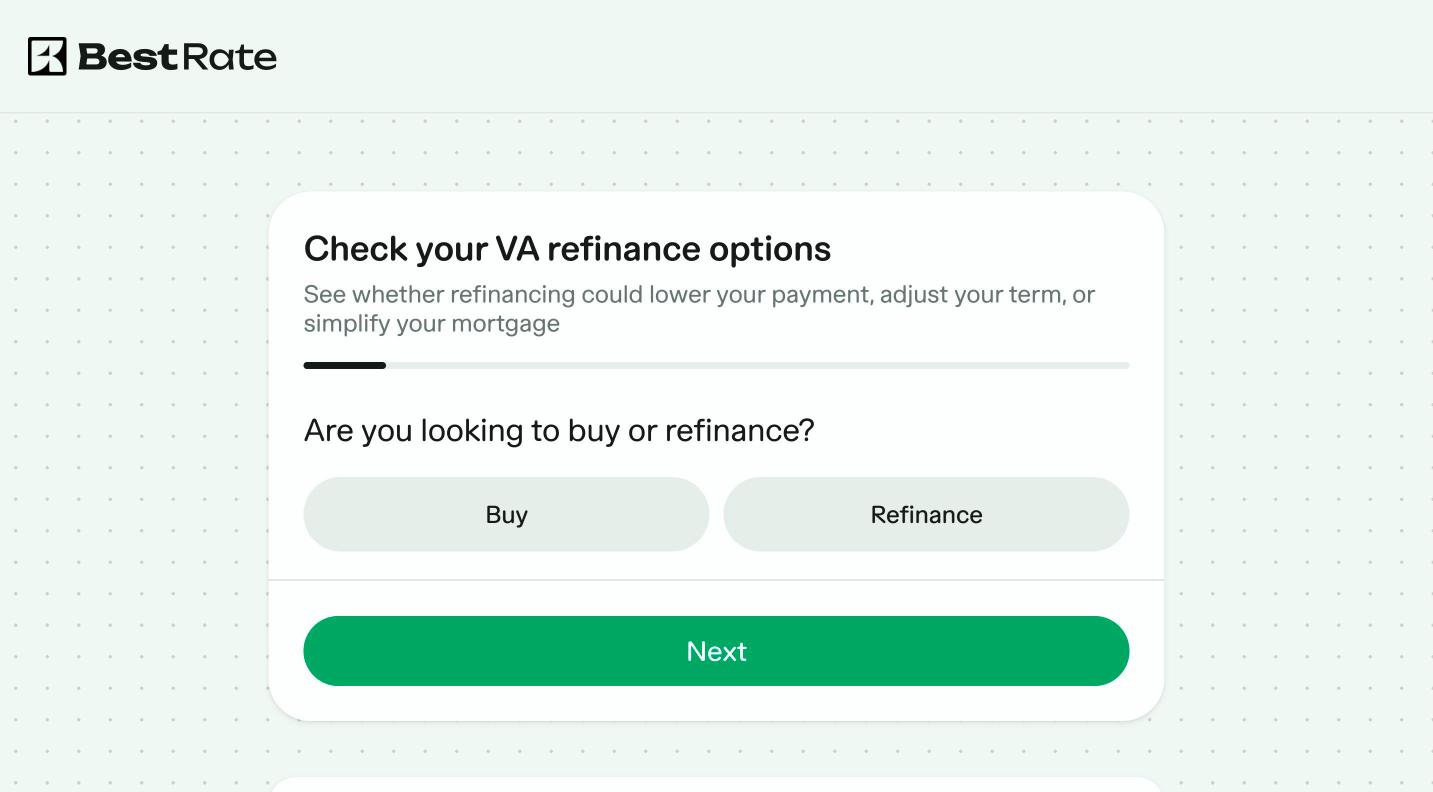 Screenshot of the Best Rate VA refinance intake form: Are you looking to buy or refinance?